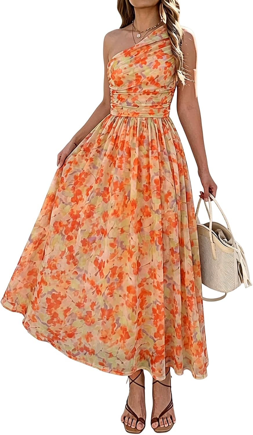 Women Summer One Shoulder Maxi Dress Sleeveless Ruched Mesh Long Beach Vacation Floral Sundresses Wedding Guest Dress