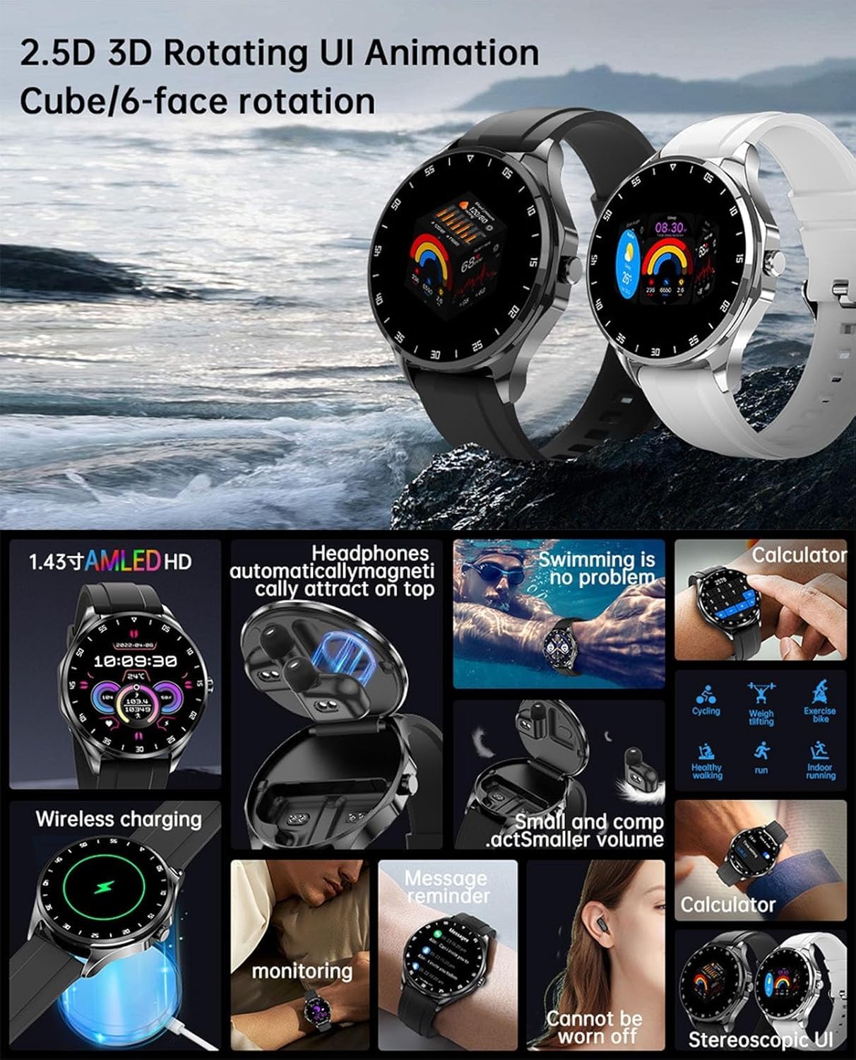 Inteligentny zegarek z słuchawkami, 2 na 1 smartwatch ze słuchawkami, kombinacja 1.43 ”ekran HD Smart Watch i wkładki douszne na Androida iOS, z otrzymanym połączeniem, rekordem ćwiczeń moni