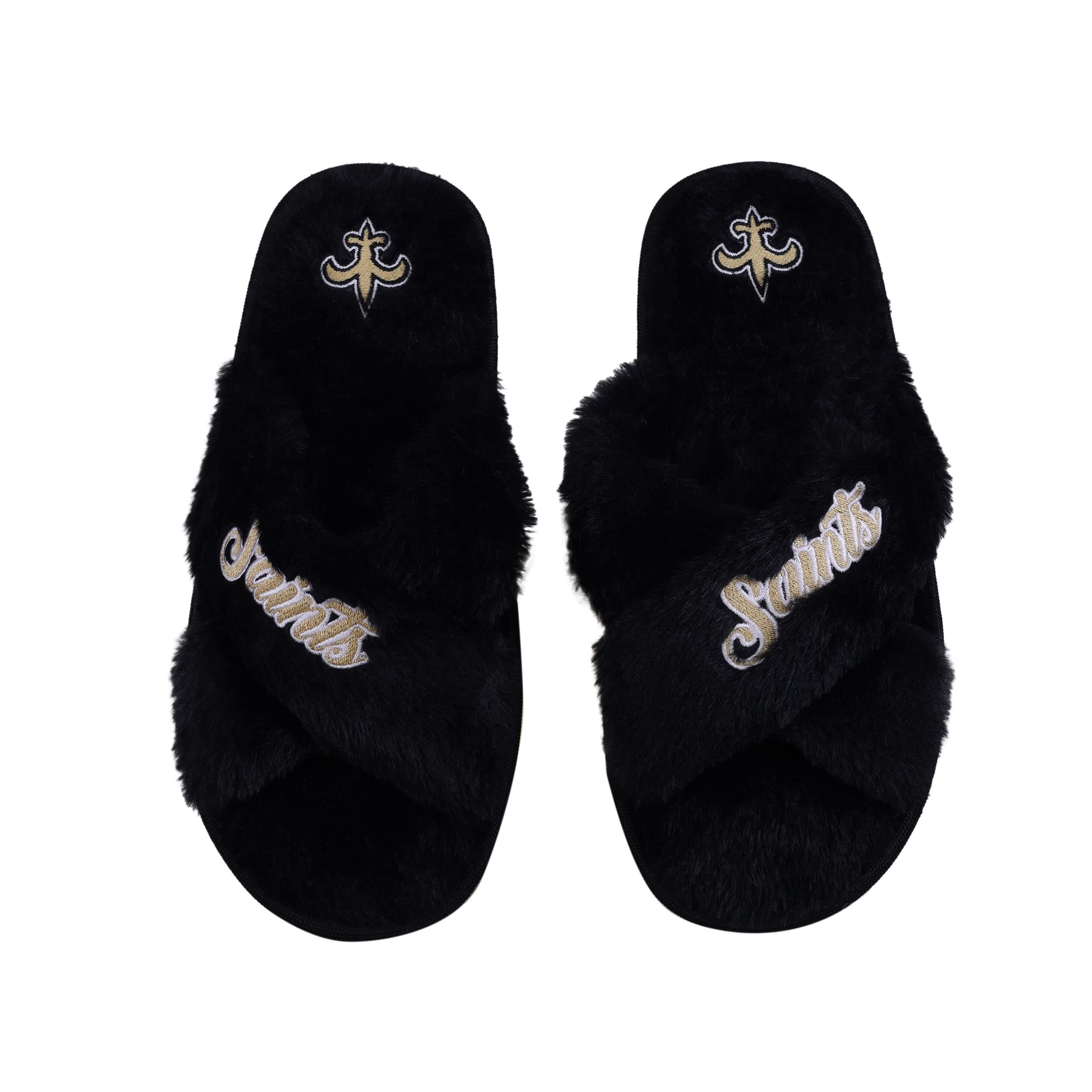 FOCO Womens NFL Team Script Wordmark Fuzzy Cross Slide Slippers