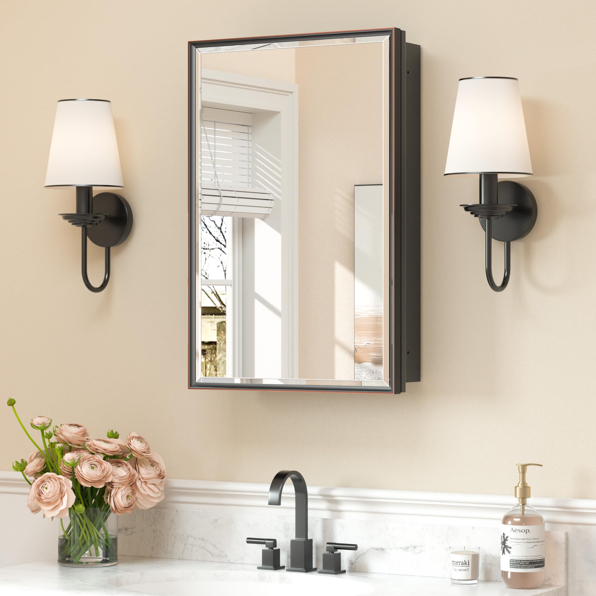 Keonjinn 16" x 24" Medicine Cabinets with Mirror for Bathroom, Oil Rubbed Bronze Recessed or Surface Wall-Mounted Aluminum Alloy Framed Beveled Mirror, Farmhouse Bathroom Mirror with Storage Cabinet