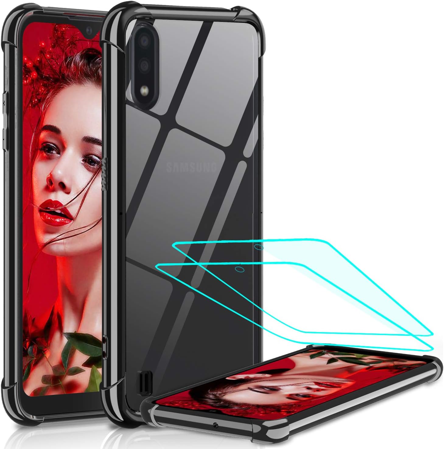LeYi Compatible with Samsung A01 Case, Samsung Galaxy A01 Case with Glass Screen Protector [2 Pack], Shockproof Crystal Clear Hard PC Bumper Slim Protective Phone Cover Cases for Galaxy A01, Black