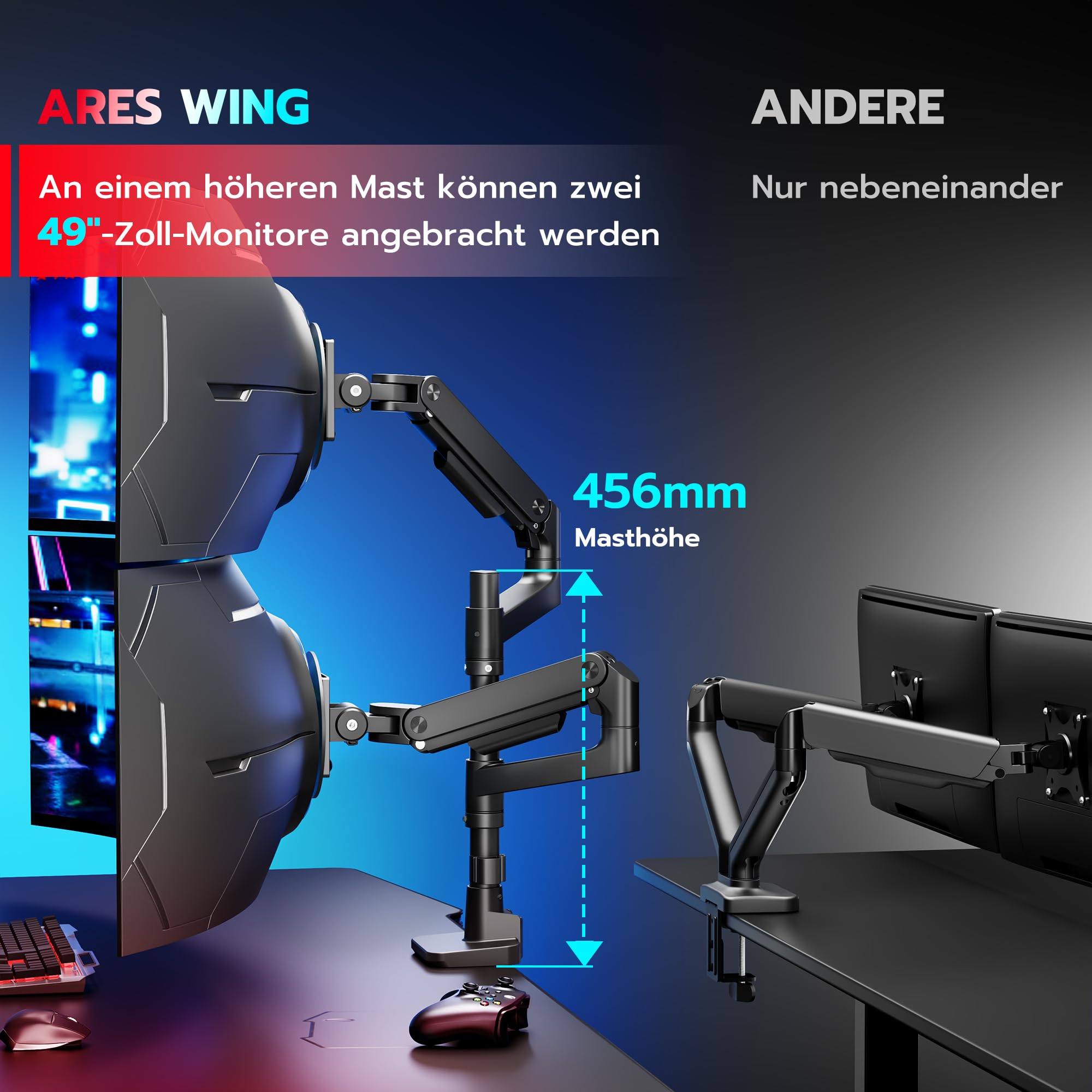ARES WING Monitor Halterung 2 Monitore für 17-49 Zoll Bildschirme, Bildschirmhalterung Gasfeder，Monitor Arm Tragfähigkeit Max 20 kg/arm, VESA 75/100，Schwarz