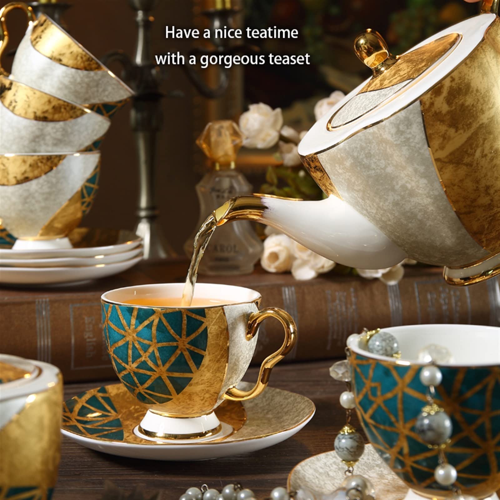Luxus Bone China Kaffee Set Gold Inlay Porzellan Tee Set Topf Tasse Keramik Becher Zucker Schüssel Creamer Teekanne Milch Krug kaffeegeschirr (Color : 16pcs Set)