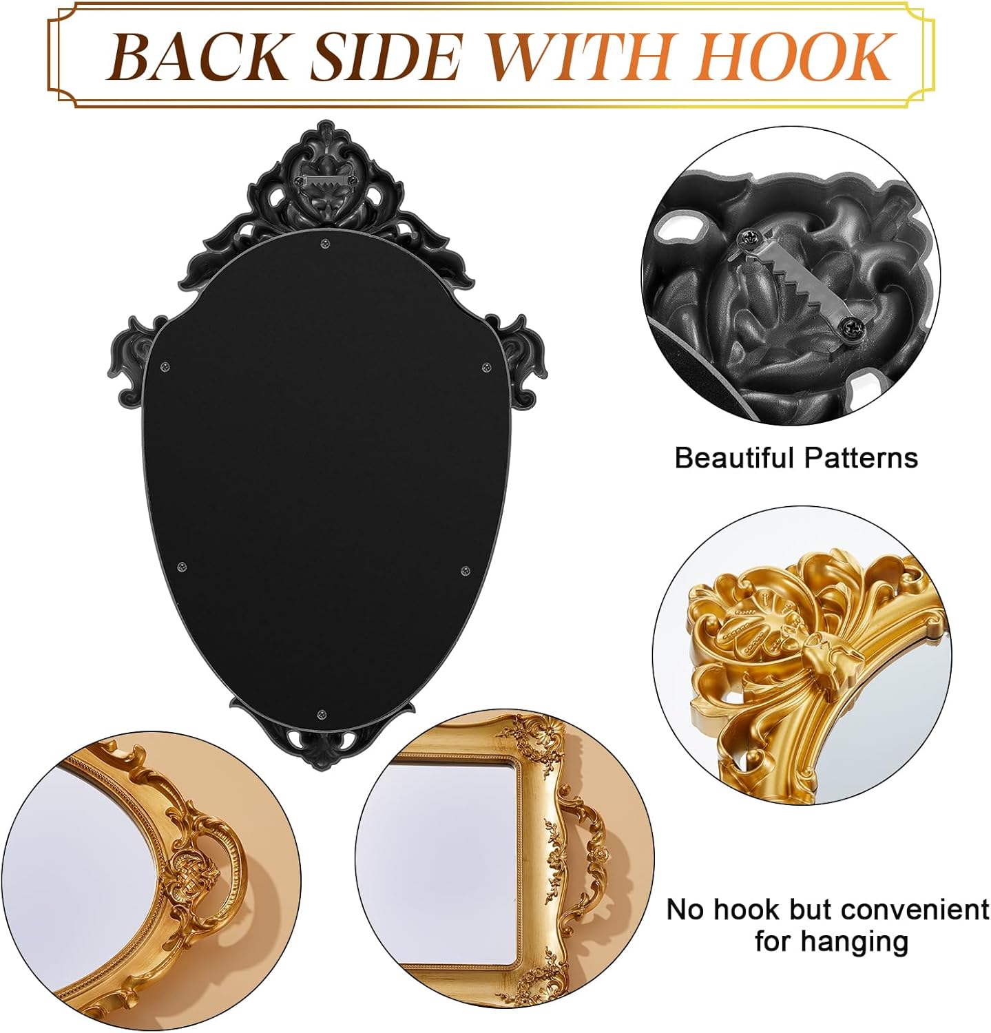 4 Pcs Vintage Gold Mirror Set Including Small Oval Wall Decorative Antique Shield Shape Square Decorative Mirror Jewelry Dresser Organizer Tray for Bedroom Wedding Victorian Decor(Gold)