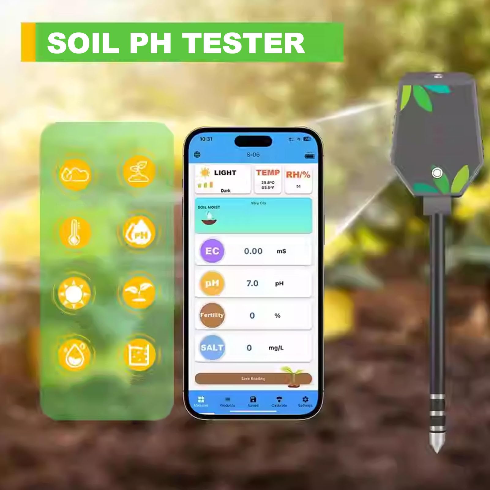 Bewinner 8 en 1 Probador de Suelo Bluetooth, Temperatura de PH Digital de la Temperatura del Sol Fertilidad Ambiental y Medidor de Suelo con Pantalla LCD para Plantas en Interiores