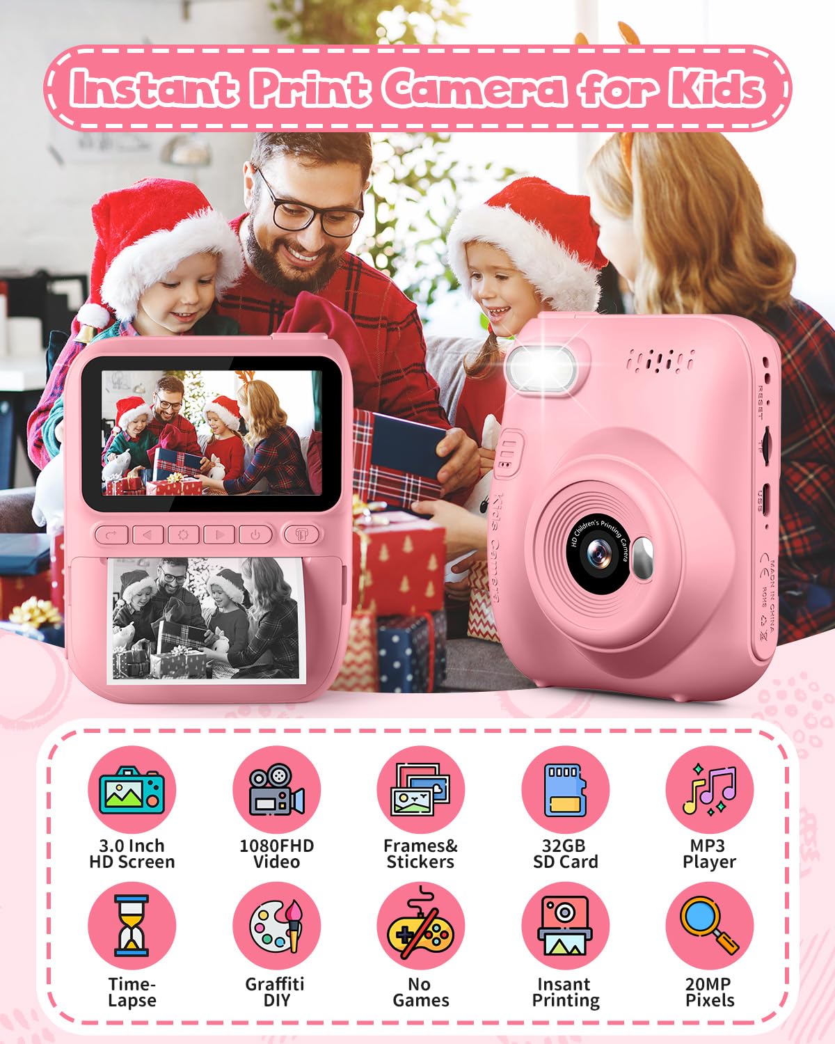 Kids Instant Print Camera, 3.0-inch HD Screen 32MP Photo Instant Digital Camera Christmas Birthday Gifts Toys for Children Girls Boys Age 3-12 - Pink