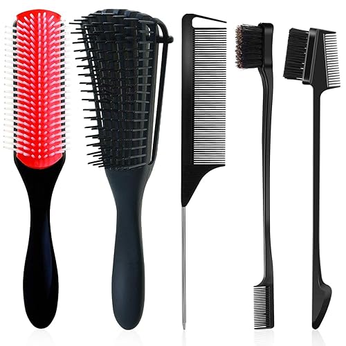 Miniatura 8 de Cepillo para champú de cerdas de nailon con cojín de 9 filas para cabello rizado, cepillo desenredante para desenredar el cabello (juego de 5