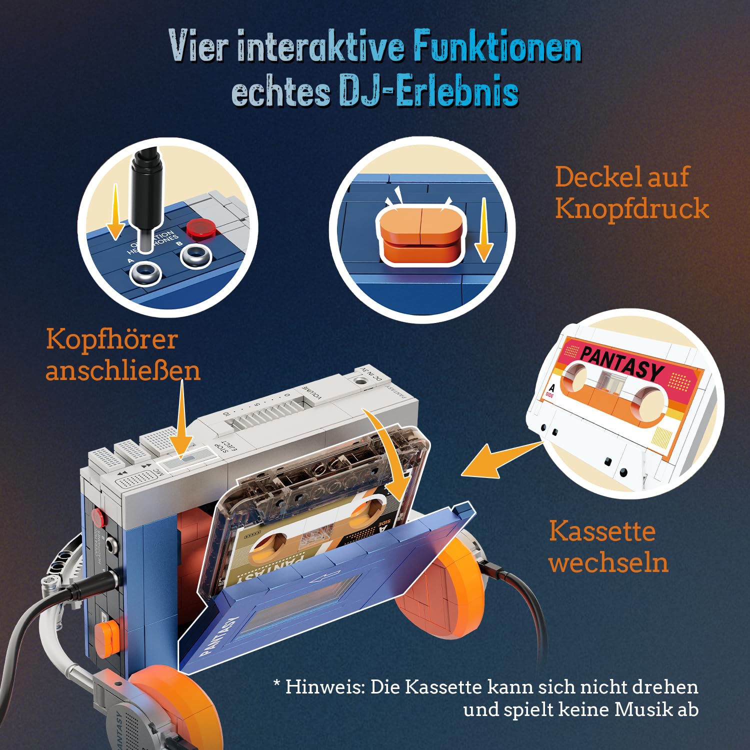 PANTASY Retro-Kassettenplayer Baustein-Modell, Tragbarer Tape-Player im 1970er-Stil mit Austauschbaren Kassetten & Kopfhörern, Vintage Musik-Display und Sammlerstück für Erwachsene