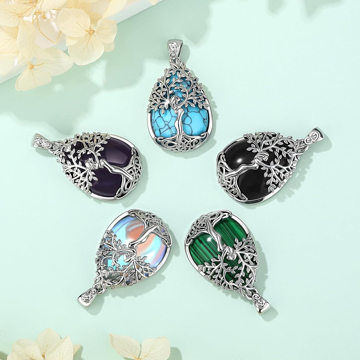 EUDORA Tree of Life Necklace with Moonstone Amethyst Obsidian Turquoise Healing Crystal for Women, Silver Plated Copper Mother Tree of Life Pendant Amulet Energy Jewelry, Gift for Women Mom, 20"+2" - Image 9