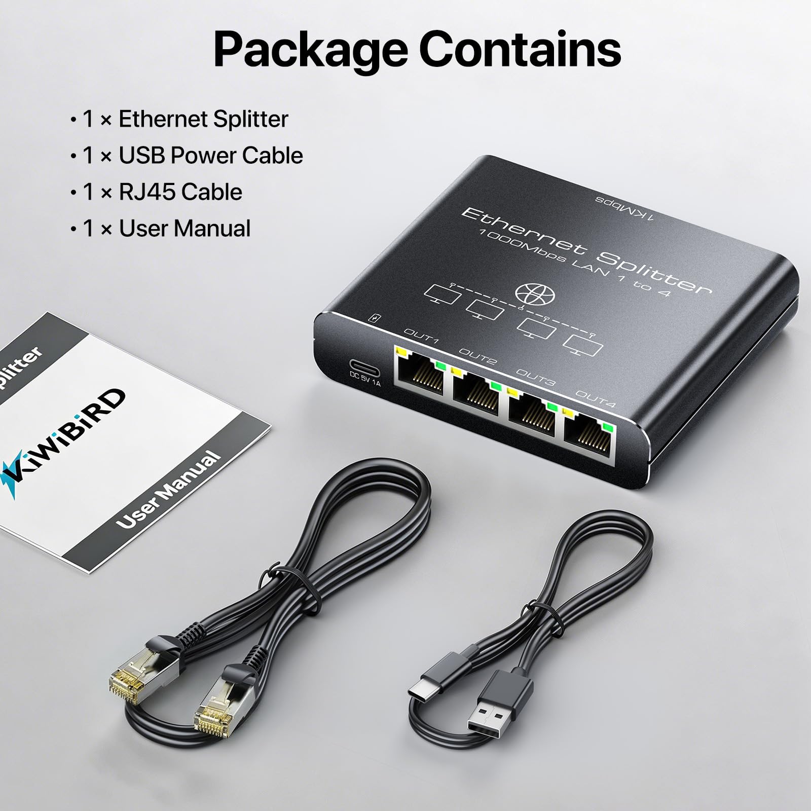 KiWiBiRD Rozdzielacz ethernet 1 do 4 porty, lan splitter adapter 1000 Mbps RJ45 sieciowy Network Internet Gigabit do Cat 8 7 6 5e 5 kompatybilny z Router Gaming PC Computer Laptop PS5 PS4 Xbox TV Box