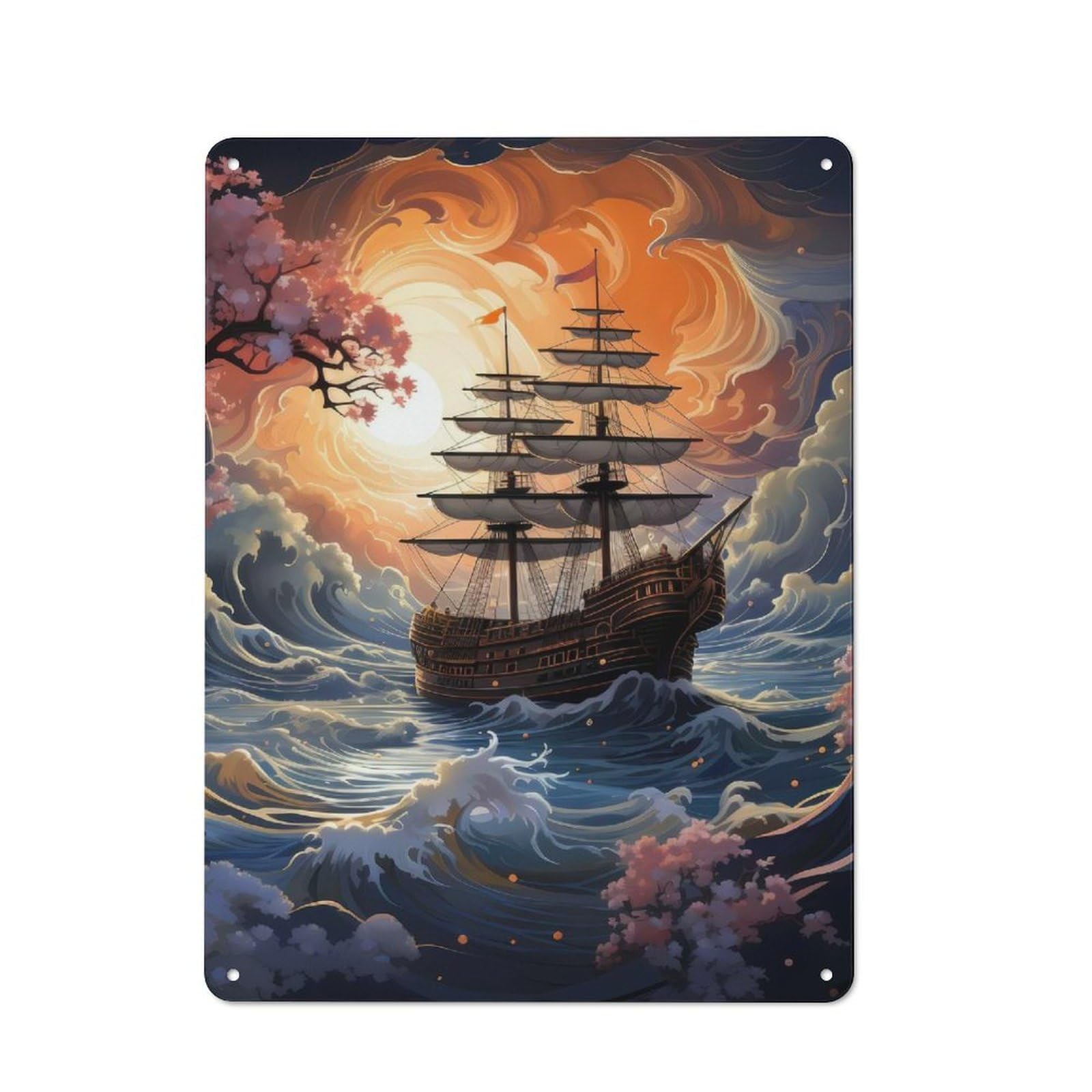 Cherry Blossom Pirate Ship Warehouse Style Metal Wall Decor 40x30cm, Industrial Metal Sign for Workspace, Cafe, Hallway Or Garage