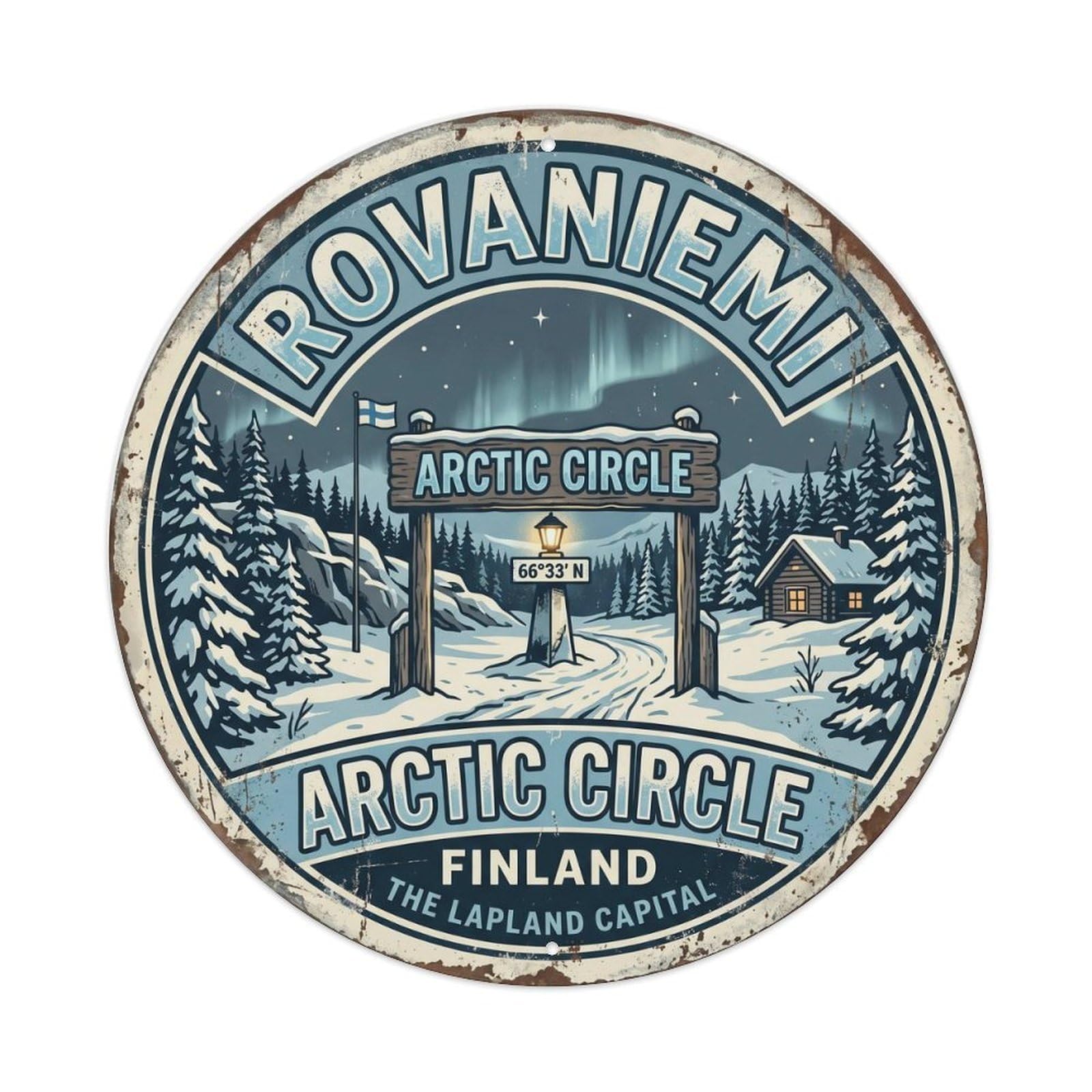 Vintage Travel Rovaniemi Arctic Circle Metal Tin Sign Plaque Wall Decor for Cafe, Club Bar, Office, Home Garden Round Metal Poster 8x8Inch