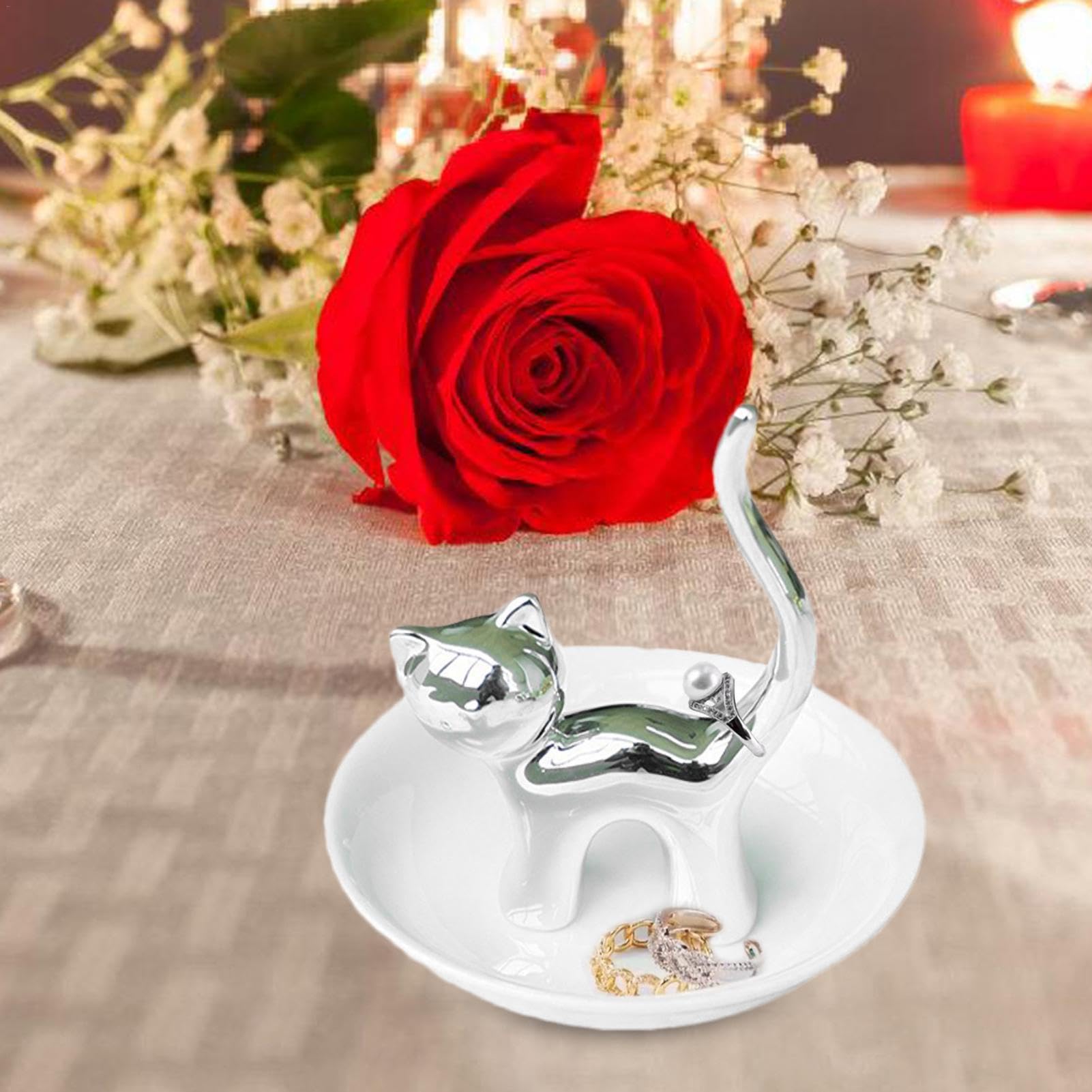 Beufee Caja De Joyería Para Gatos, Joyero Con Bisagras De Gato Blanco Con Soporte Para Anillo