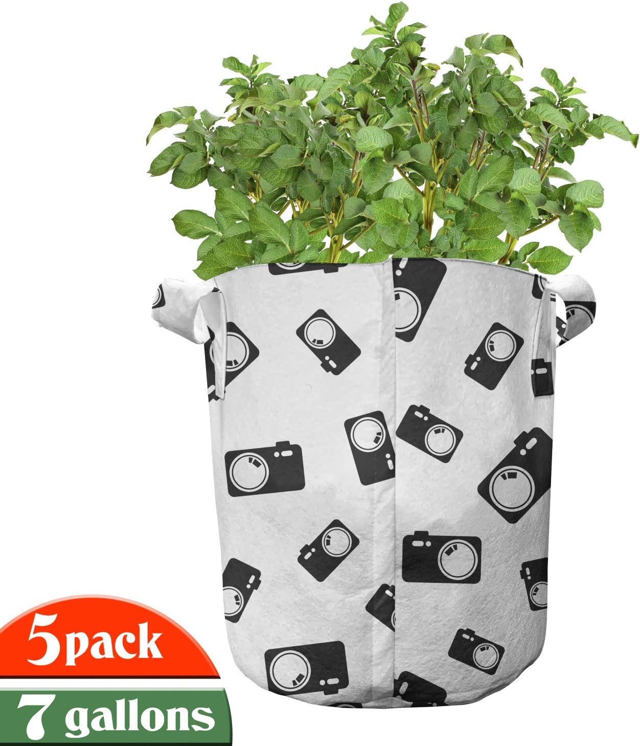 Lunarable Abstract Grow Bags 5-Pack, Camera Photography Items, Heavyduty Fabric Pots with Handles for Plants, 7 Gallon, White and Charcoal Grey