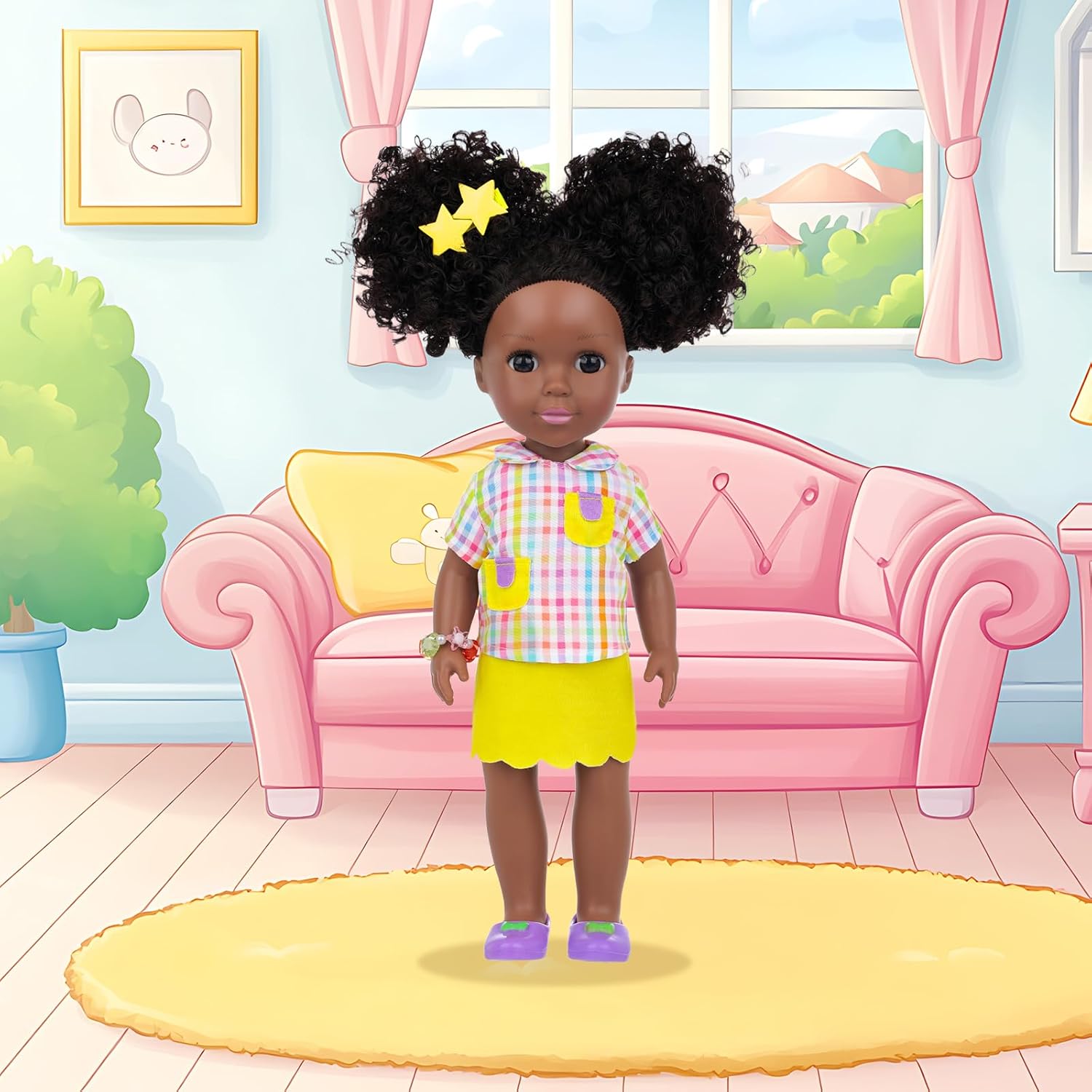 Ecore Fun 14.5 Inch Black Baby Doll, 12 Pcs Black Doll Clothes and Accessories, African Washable Realistic Silicone Girl Dolls Include Doll Clothes Shoes Phone Glasses Camera Hairpin Bracelet Stickers