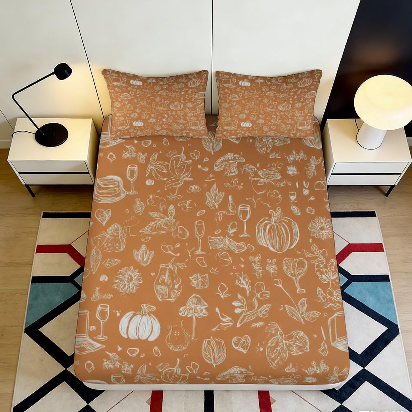 3D Printed Pumpkin Harvest Fitted Sheet Microfiber Soft Orange Autumn Leaves Mattress Cover for Bedroom Guest Room Decor 90x200x25cm