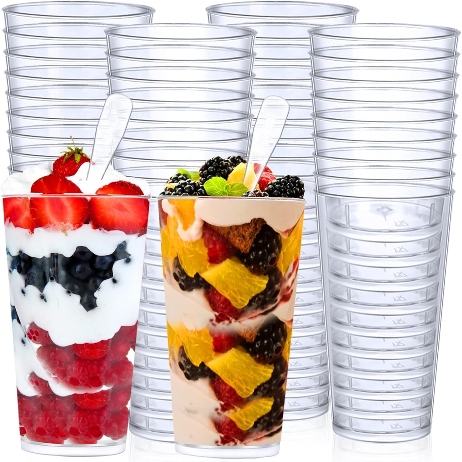 NALACAL 50Pairs 3oz Clear Plastic Mini Dessert Cups with Spoons, Shooter Round Dessert Cups, Parfait Appetizer Cups, Shot Glasses Disposable Tall Tumbler Shot Dessert Cups, for Tasting Party Sample