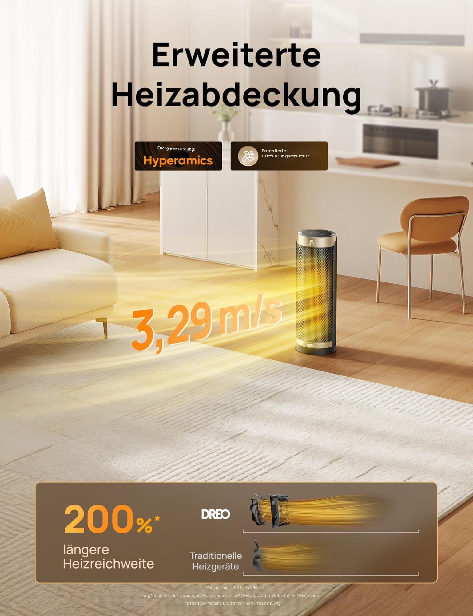 Dreo Solaris Slim H3 PTC Keramik Heizlüfter, 70° Oszillierend, 12-Std-Timer, 3 Modi, Überhitzungsschutz