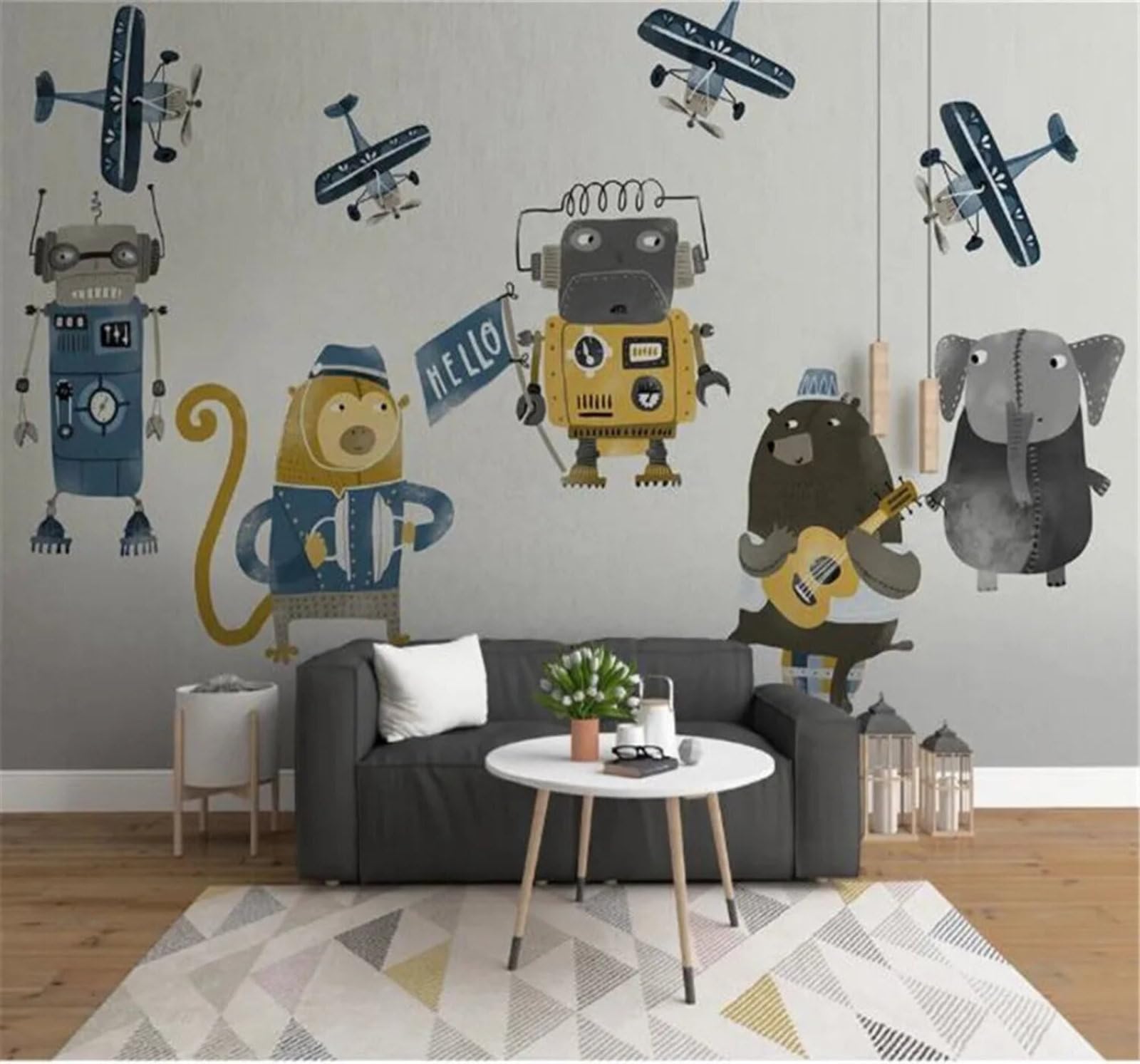 Tzxztt Retro Minimalist Hand Drawn Cartoon Robot Modern 3D Wallpaper Premium Textured Silk Neutral Tones Material Ideal for Living Room Bedroom-430cm×300cm