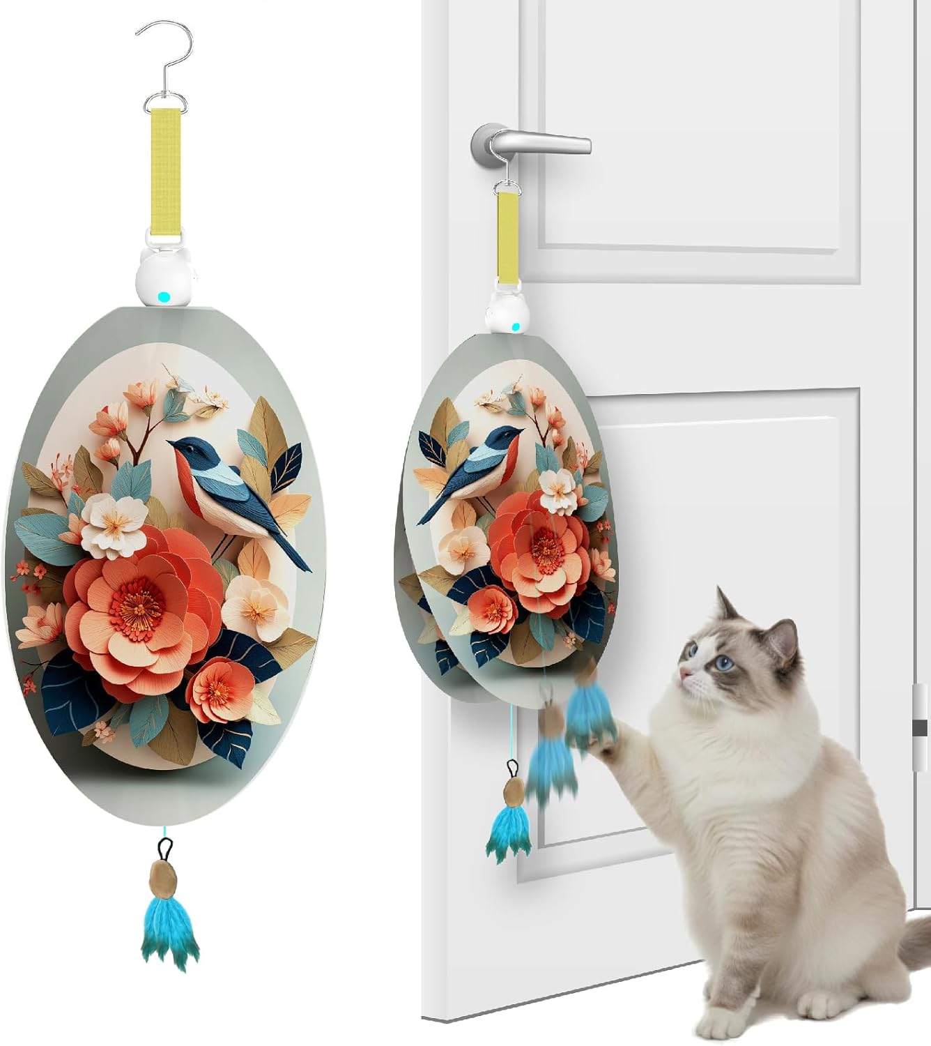 Interactive Cat Toys for Indoor Cats, Automatic Concealed Hide and Seek Hanging Feather Cat Toy, Rechargeable Motion-Activated Enrichment Toys for Bored Adult Cats (Bird & Flowers Pattern）