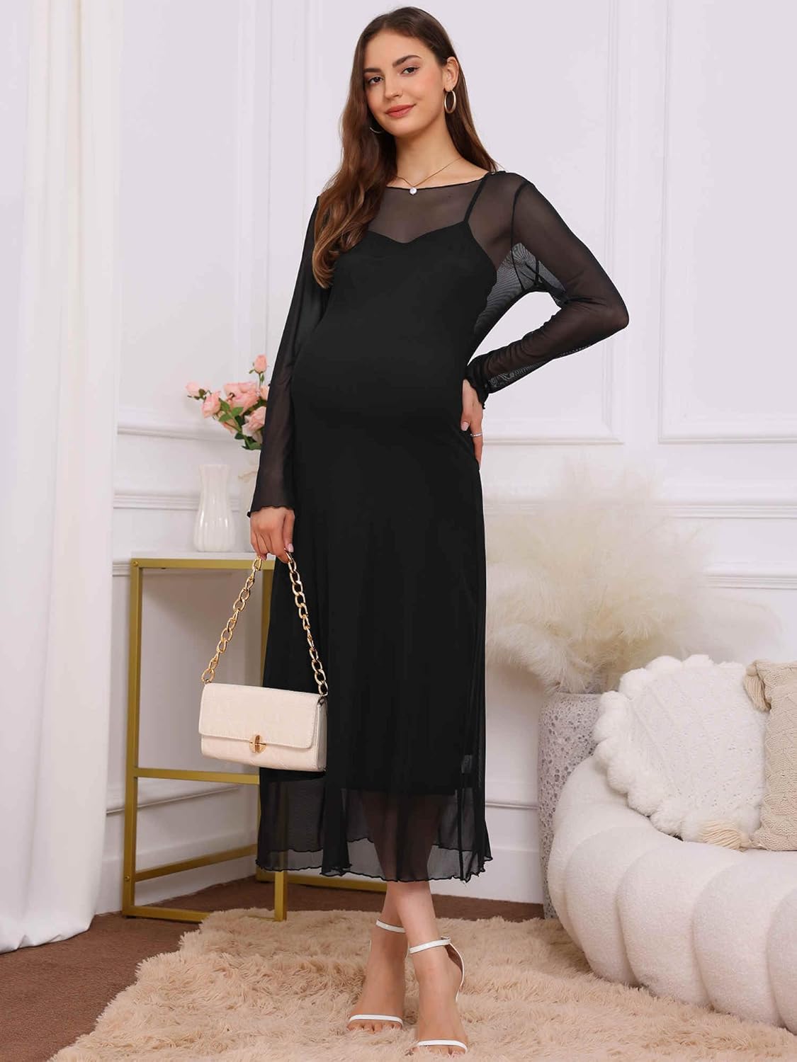 Womens Maternity Mesh Dress 2-Piece Bodycon 2025 Fall Wedding Guest Cocktail Party Pregnancy Dresses