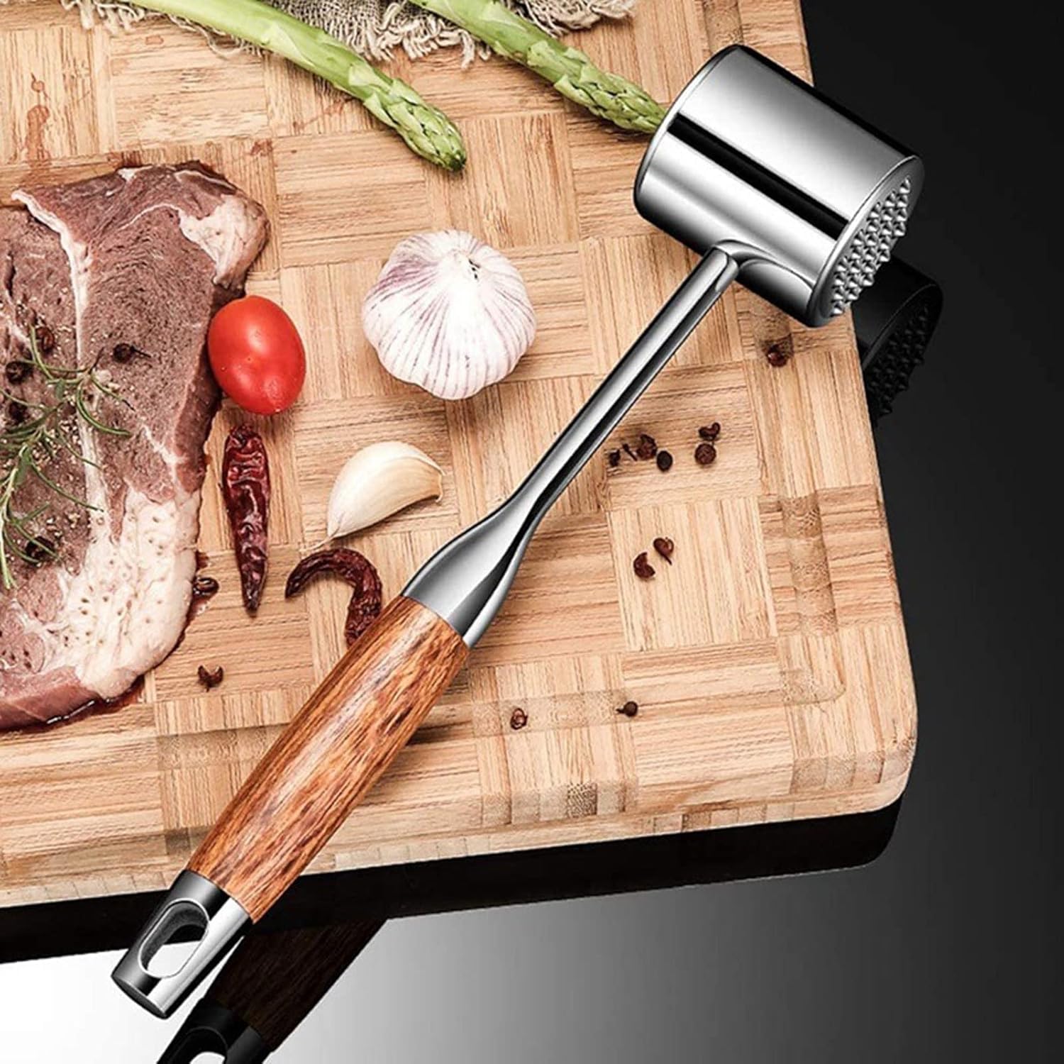 Food Hammer Meat Tenderizer Tool - Meat Mallet Hammer Stainless Steel - Heavy Meat Pounder Dual Sided with Wood Handle