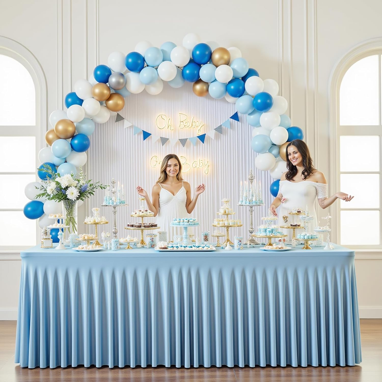 2 Pack Baby Blue Spandex Tablecloths for 6FT Rectangle Tables, Wrinkle Free Fitted Stretch Table Covers Elastic Table Skirt for Wedding Party Banquet Birthday Baby Shower Events