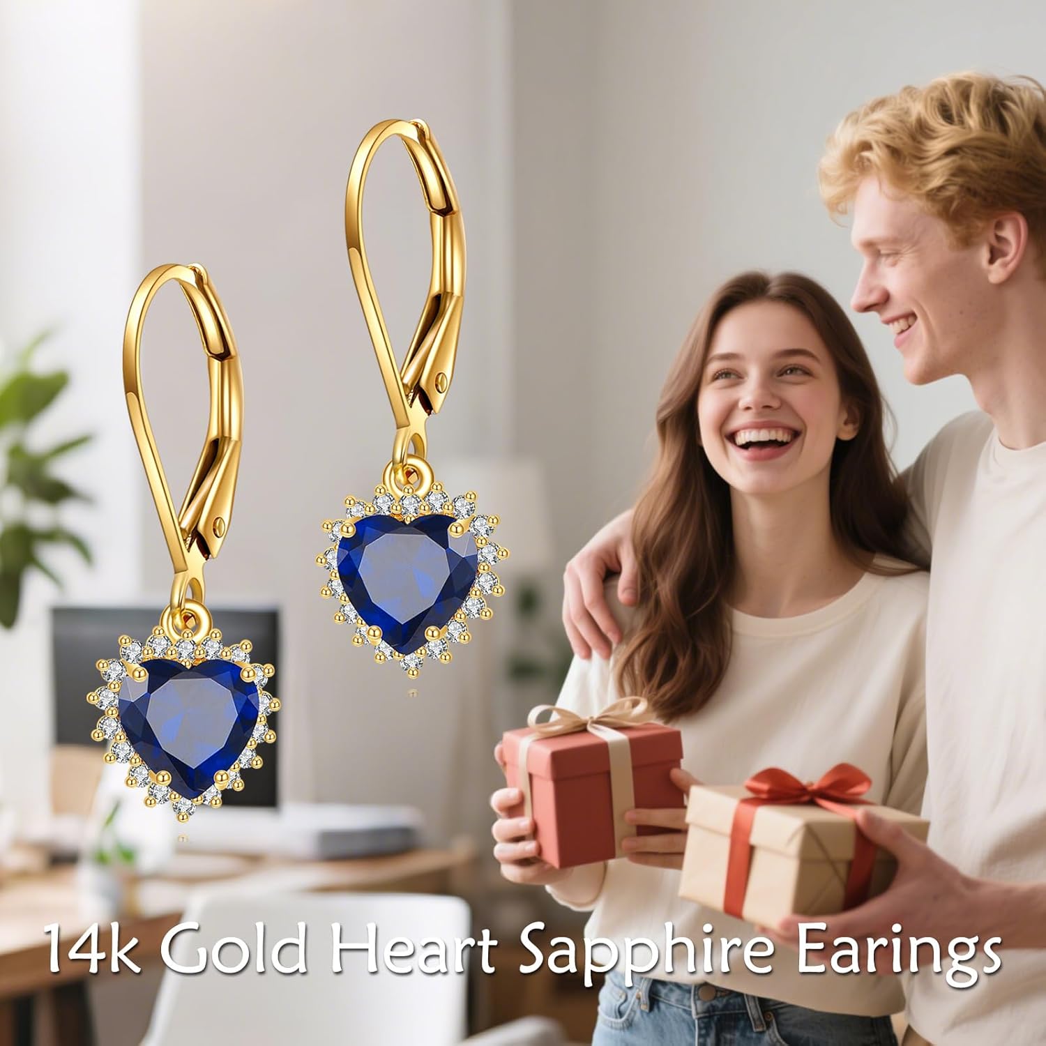 14k Real Gold Heart Sapphire Earrings Dangle Heart Shape Navy Blue Stone Leverback Earrings Solid Gold September Jewelry For Women Female Lover Mother Gifts