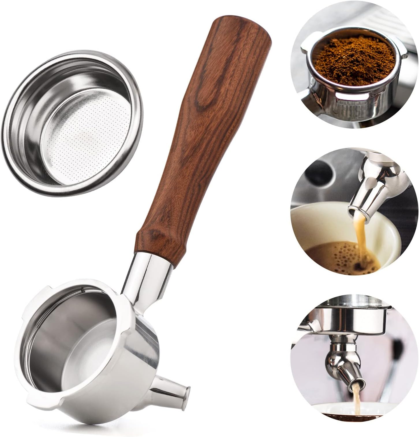 Fawoonu 51mm 3 Ears Stainless Steel Portafilter Wooden Coffee Handle Cup Filter Basket Replacement for Donlim KF6001 Bear KFJ-A02N1 Petrus PE3690 Homix