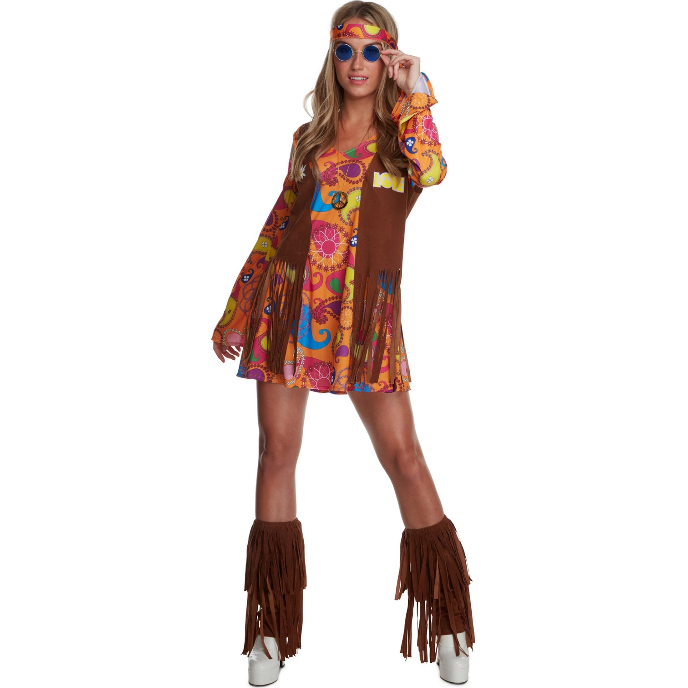 Morph Hippie Kostüm Damen, 70er Jahre Outfit Damen, 70er Jahre Bekleidung, Hippie Kleid, Schlagermove Outfit Frauen, Karneval Kostum Frauen, Fasching
