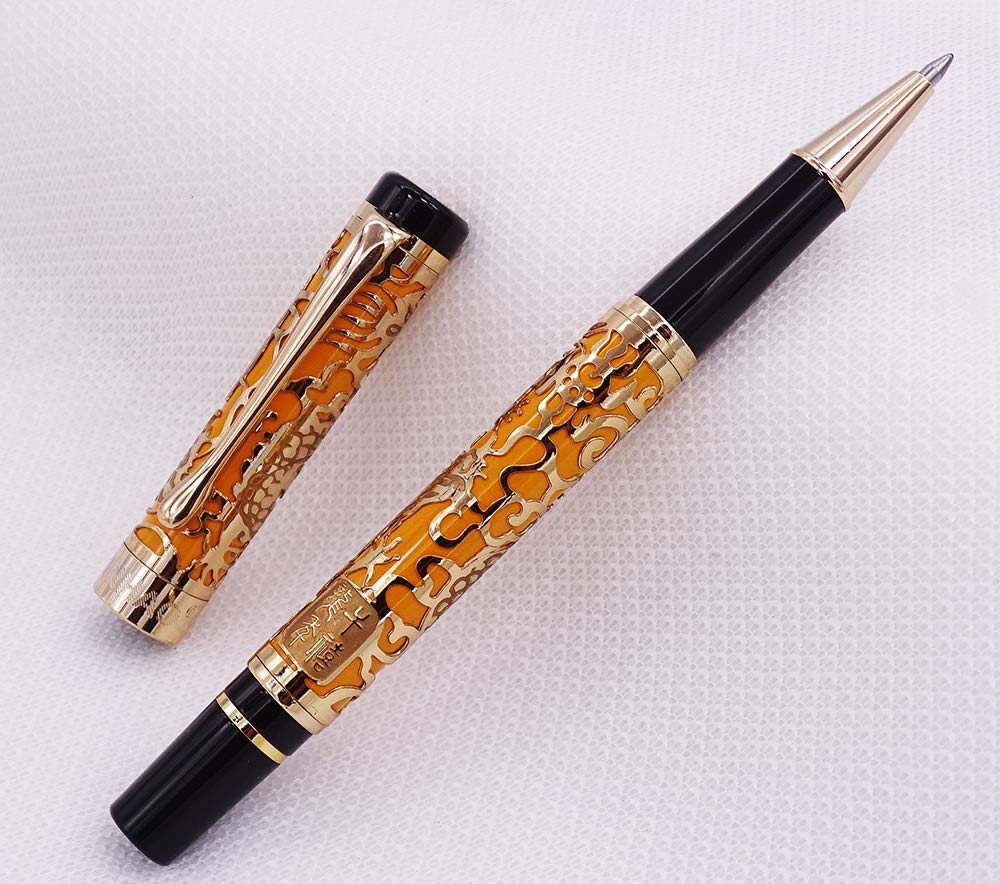 Jinhao 5000 Stylo roller à bille avec étui pour stylo Motif dragon en relief 3D Orange