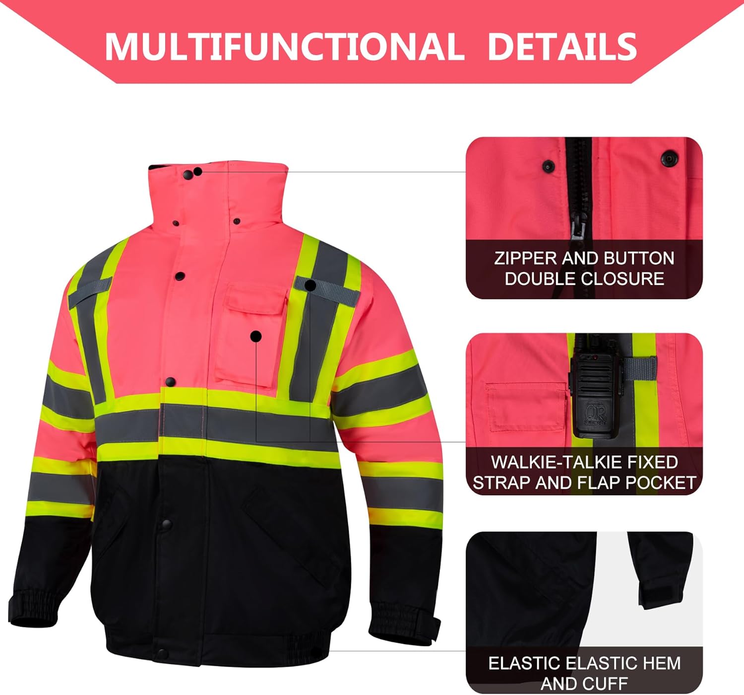 Safety Jackets for Women Reflective Hi Vis Winter Hoodie ANSI High Visibility Pink Construction Bomber Jacket - Image 6