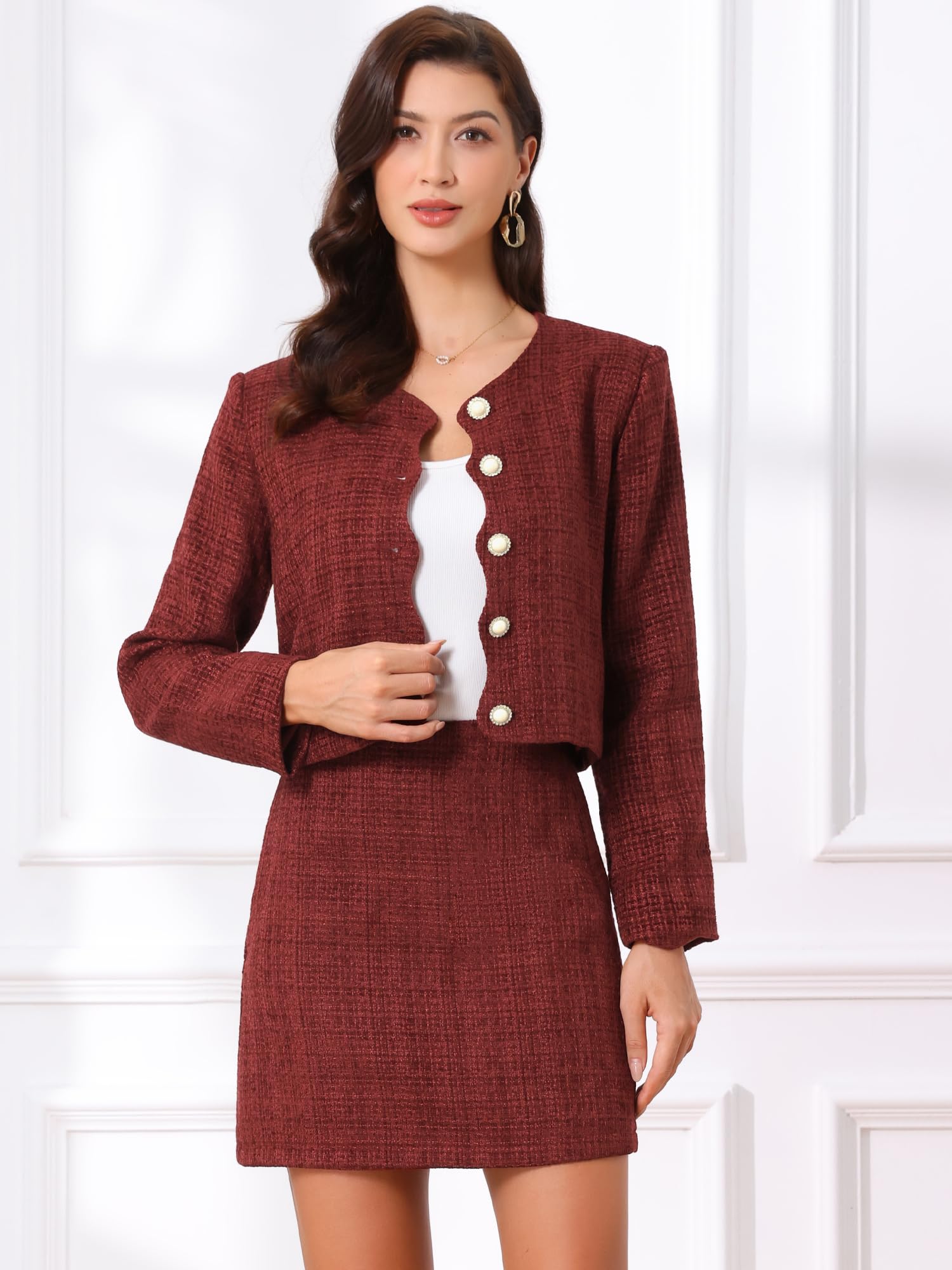Allegra K Set blazer in tweed da donna, elegante, da lavoro, 2 pezzi, blazer e gonna