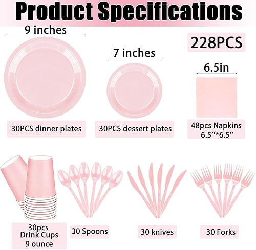 Miniatura 2 de TWOWYHI El juego de 228 piezas de suministros de fiesta color rosa incluye platos de papel, vasos, servilletas rosas, cucharas de plástico,