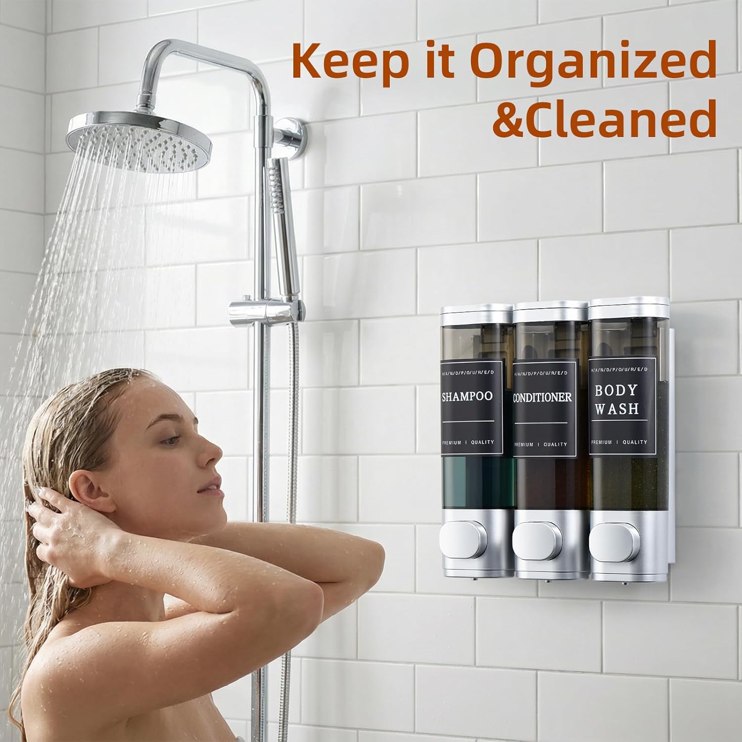 Shampoo and Conditioner Dispenser,Shower Soap Dispenser 3 Chamber No Drill Wall-Mounted Shampoo Dispenser for Shower Wall Mounted Shower Dispenser for Bathroom Hotel Large Capacity,Silver