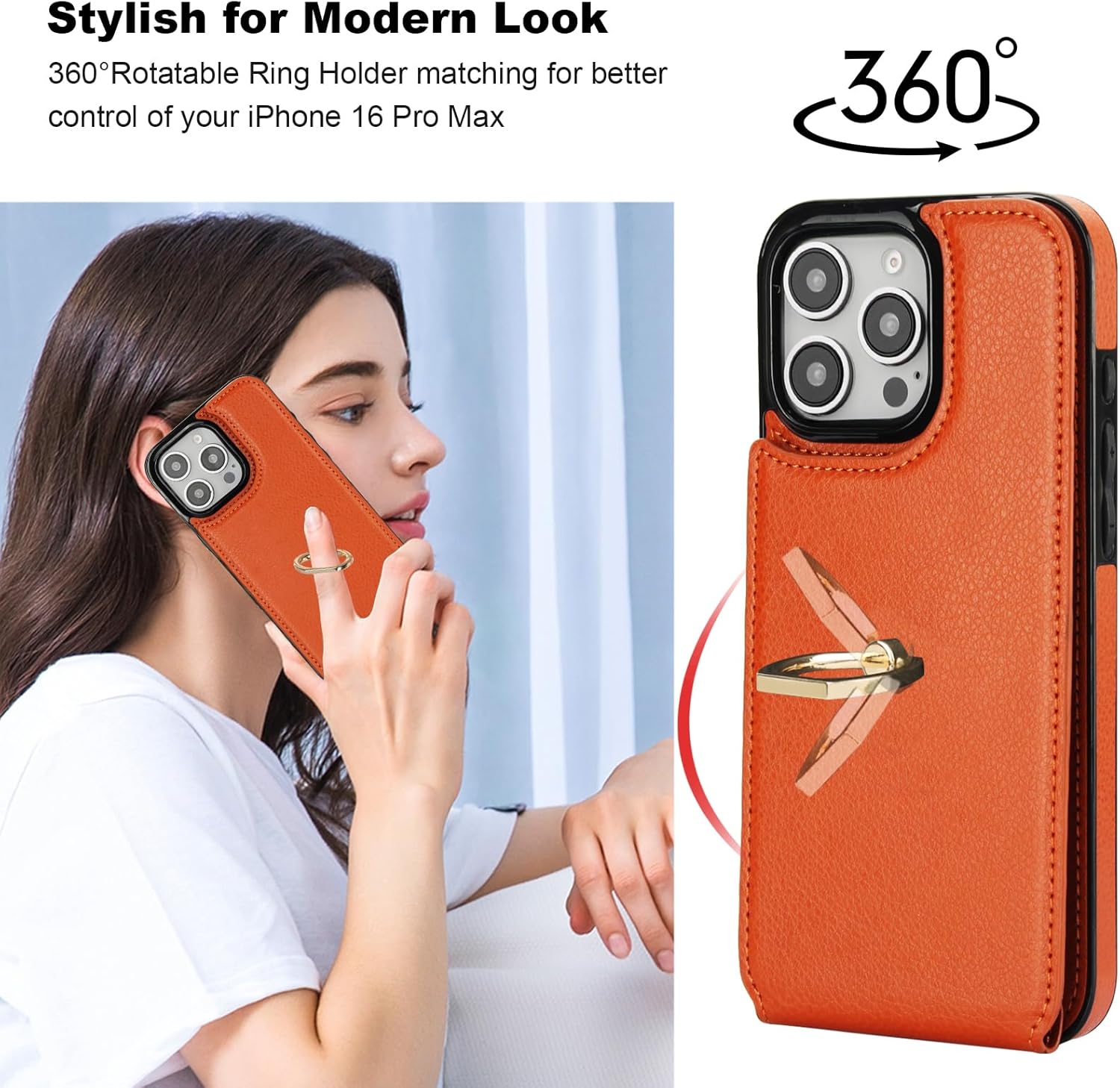 Folosu Compatible with iPhone 16 Pro Max Case Wallet with Card Holder, 360°Rotation Finger Ring Holder Kickstand, RFID Blocking Leather Protective Double Buttons Shockproof Cover 6.9 Inch Brown