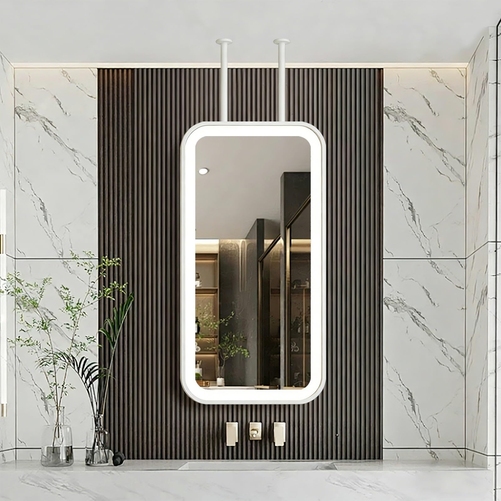 FGXHHS Ceiling Mounted Mirror LED ，White Vanity Makeup Mirrors with Metal Hanging Rod，Suspended Decorative for Living Room Entrance Bedrooms Dressers(40cmx60cm)