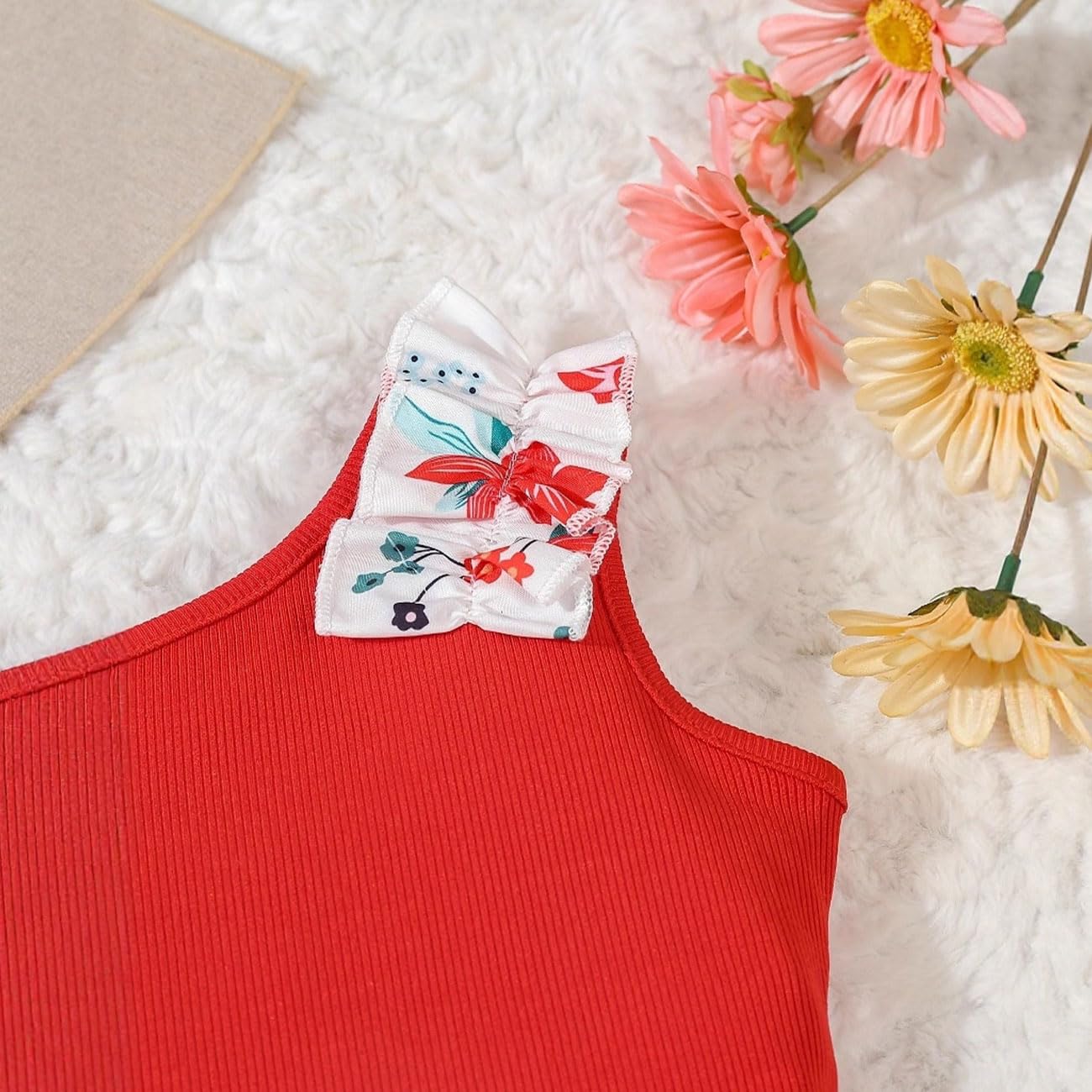 Conjunto Ropa Niña, Top Acanalado + Pantalones Cortos con Cintura Elástica con Estampado Tropical de Plantas/Flores y Lazos, Conjunto Verano Otoño Niña, Verde/Blanco/Rojo/Rosa Rojo, 4-7 Años