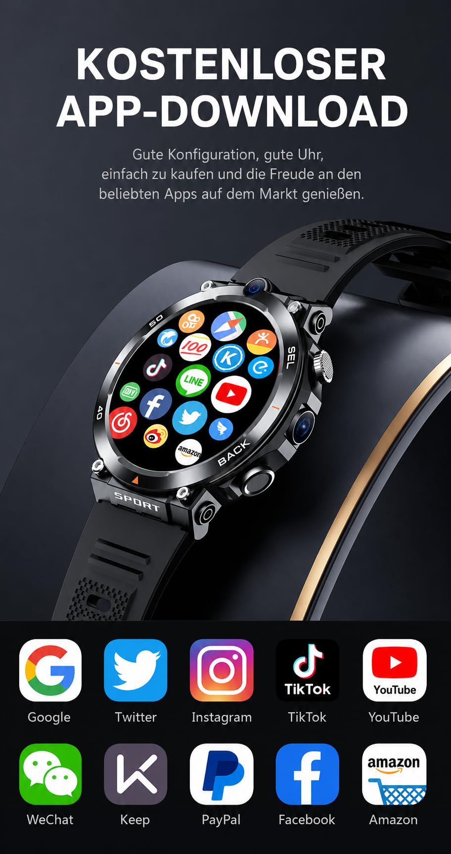 DIAWAY Smartwatch z aplikacjami Android AMOLED 4G LTE GPS WLAN SIM, zegarek fitness z funkcją telefonu, Google Play, monitor tętna, snu, krokomierz, zegarek sportowy, wodoszczelny, sportowy