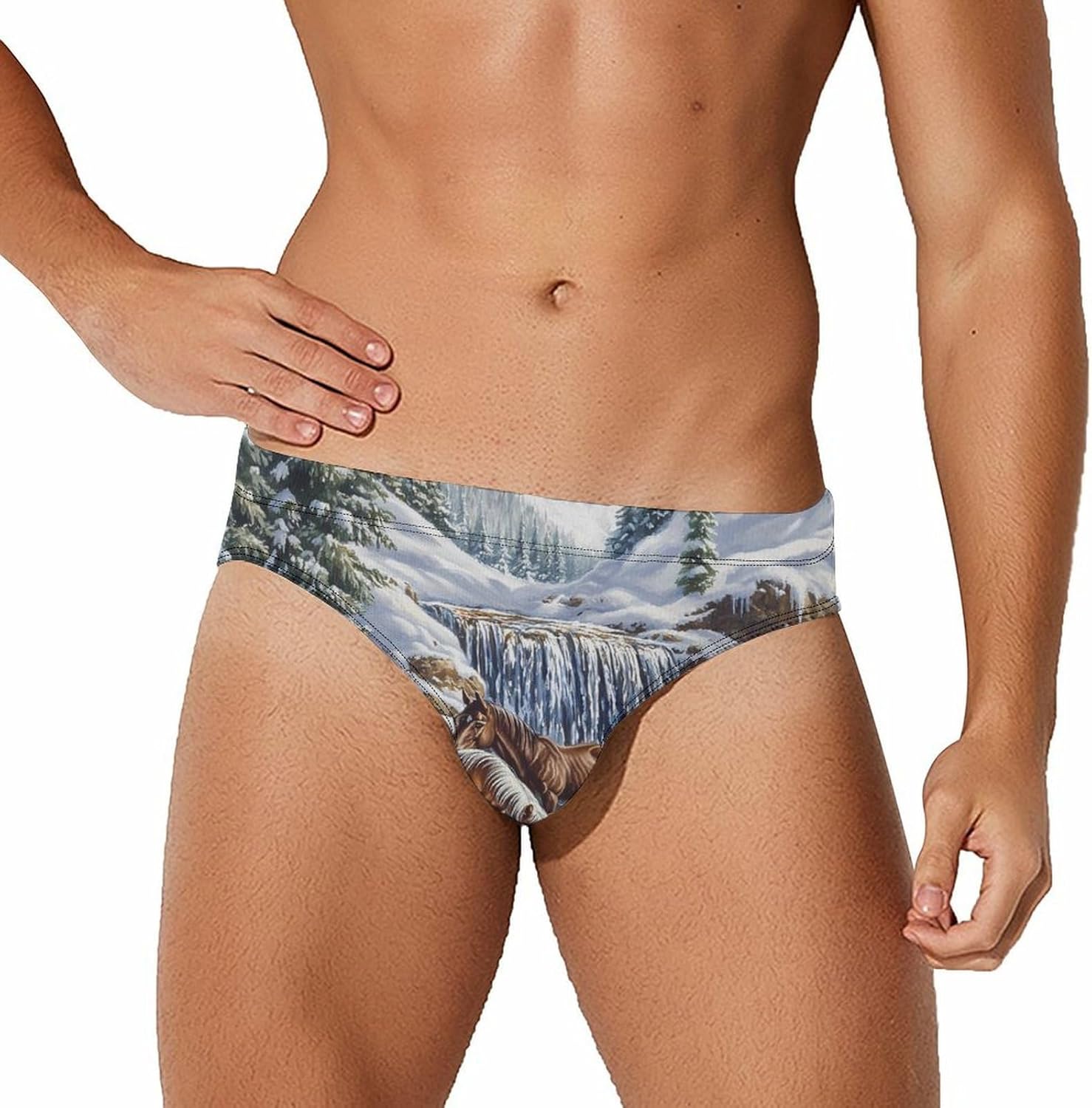 Horse Herd by The River Men's Swimsuit Brief Sexy Bikini Briefs Retro Printed Swimwear Quick Dry Swimming Trunks 3X-Large
