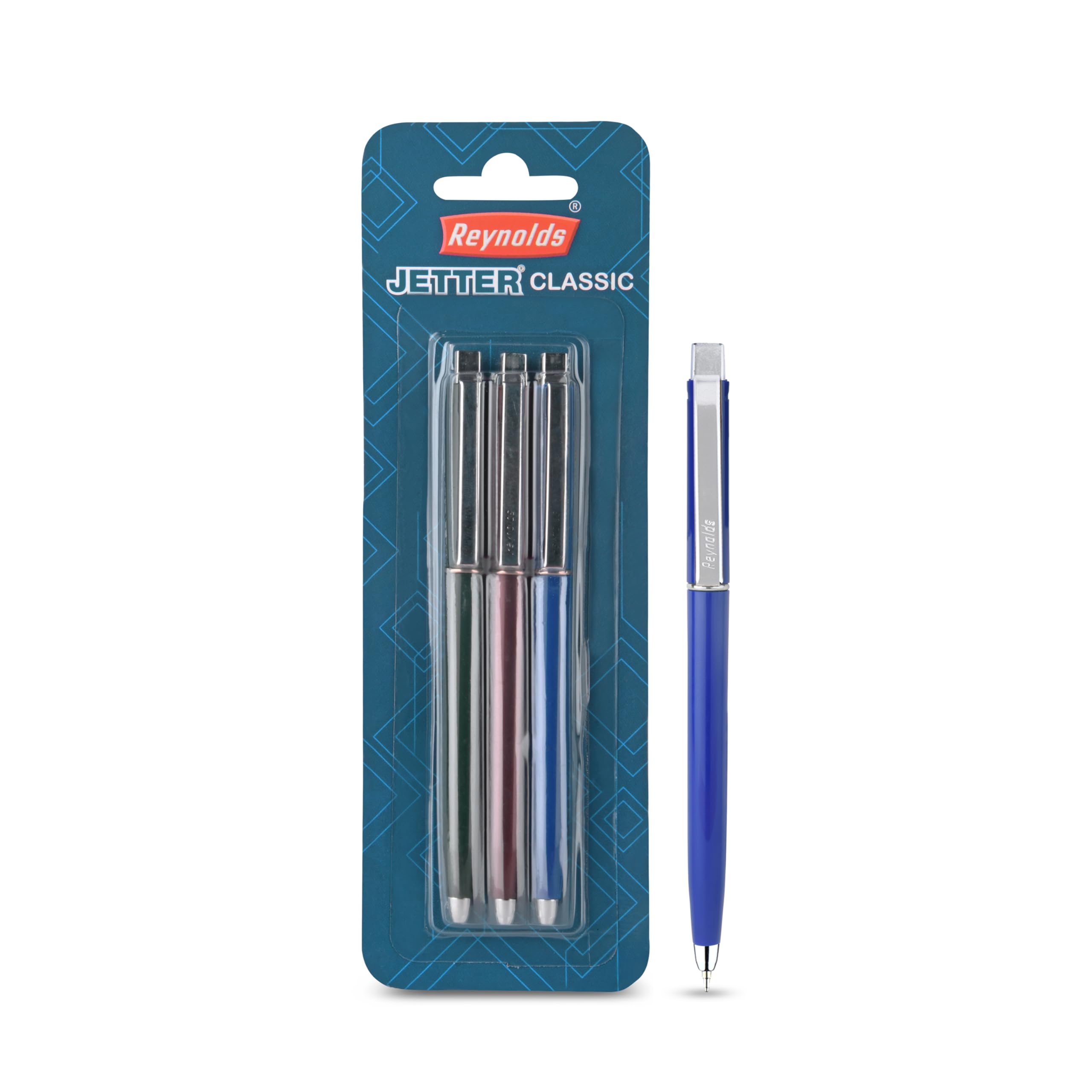 Reynolds JETTER CLASSIC Ball Pen SET - 3 PENS BLUE | MULTI BODY COLOR BALL PEN WITH COMFORTABLE GRIP |BLUE BALL PENS FOR WRITING | PEN FOR PROFESSIONALS | 0.7 mm TIP SIZE