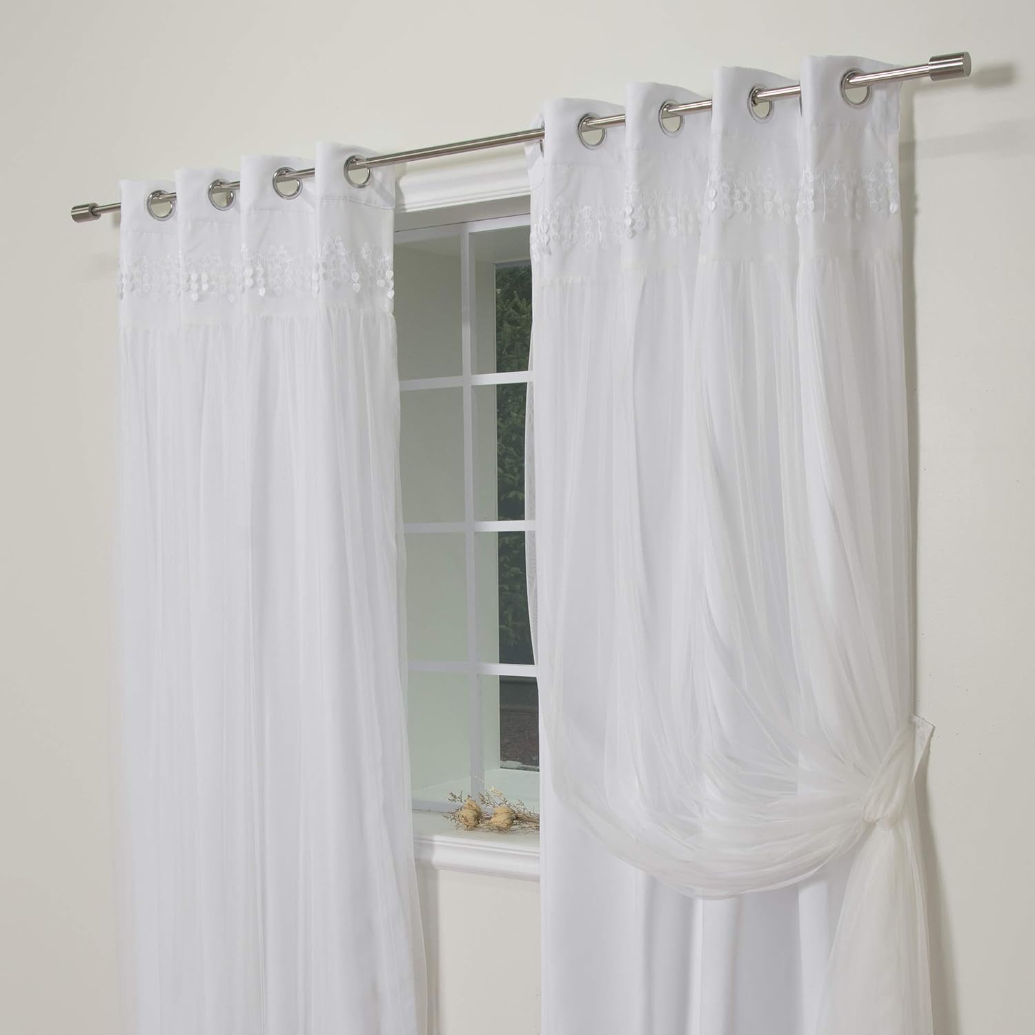 Best Home Fashion Lace Overlay Thermal Insulated Solid Blackout Curtains (52" W x 84" L - Set of 2 Panels, White)