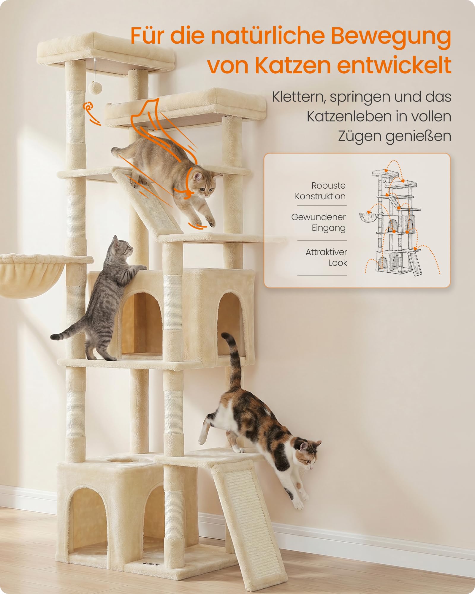 Feandrea Kratzbaum groß, 184,5 cm hoch, Katzenbaum, Katzenkratzbaum, mit 7 Kratzsäulen, 2 Kratzbrettern, 2 große liegefläche, 2 Höhlen, Hängematte, Plüsch, beige PCT014Y101