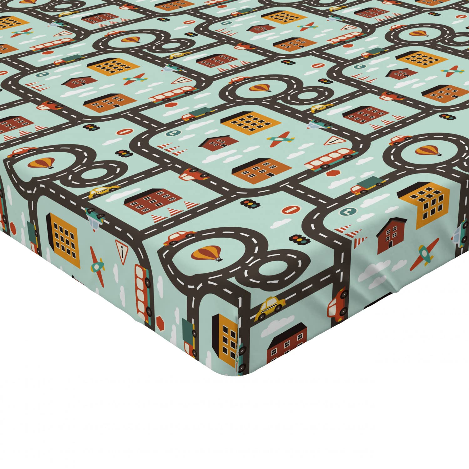 Ambesonne Car Race Track 2 Pack Fitted Sheet, Roads Planes, Bed Cover All-Round Elastic Deep Pockets 2 Pieces, Package Contains 2 Twin XL Size Fitted Sheets, Pale Green Grey