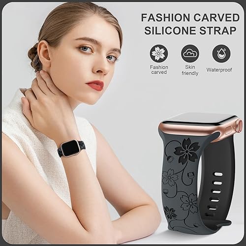 Miniatura 4 de Correa con grabado de flores compatible con correas de Apple Watch de 1.496 pulgadas, 1.575 pulgadas, 1.614 pulgadas, para mujeres y hombres,
