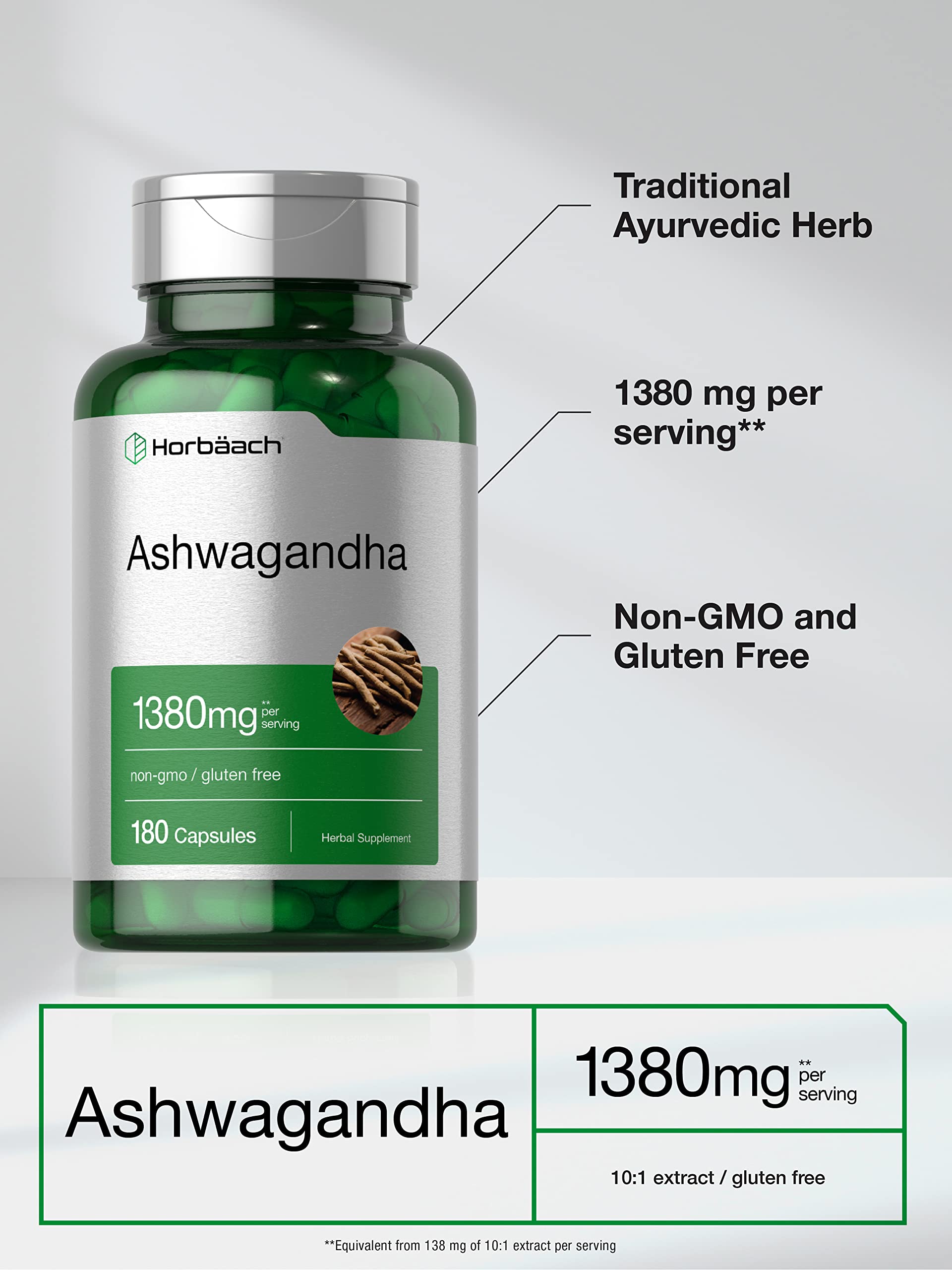 Horbäach Ashwagandha Supplement | 180 Capsules | for Women and Men | Herbal Root Extract | Non-GMO, Gluten Free