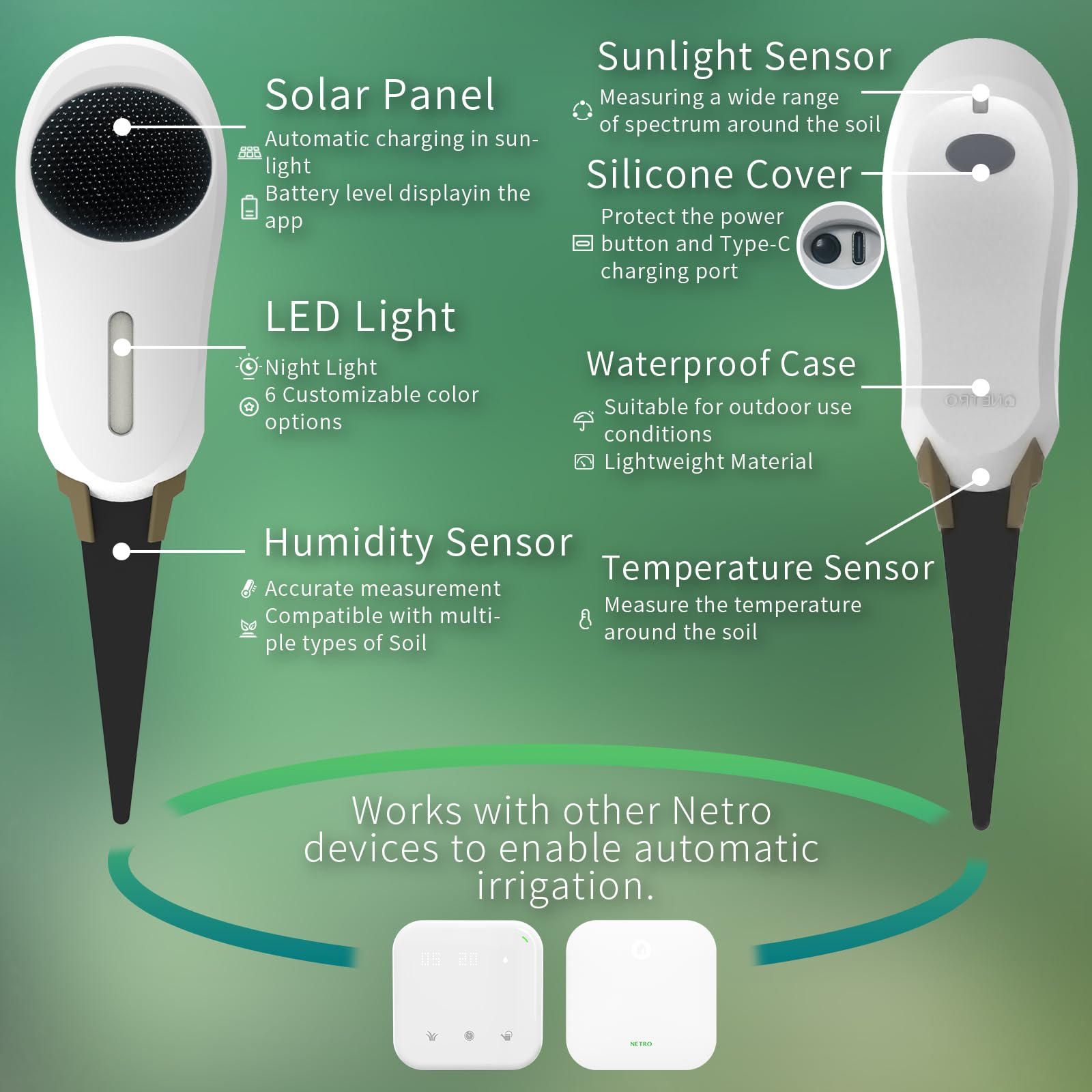 Netro Whisperer Sensor inteligente de planta de 2ª generación, basado en aplicaciones, conectado a WiFi, funciona con energía solar para uso en exteriores