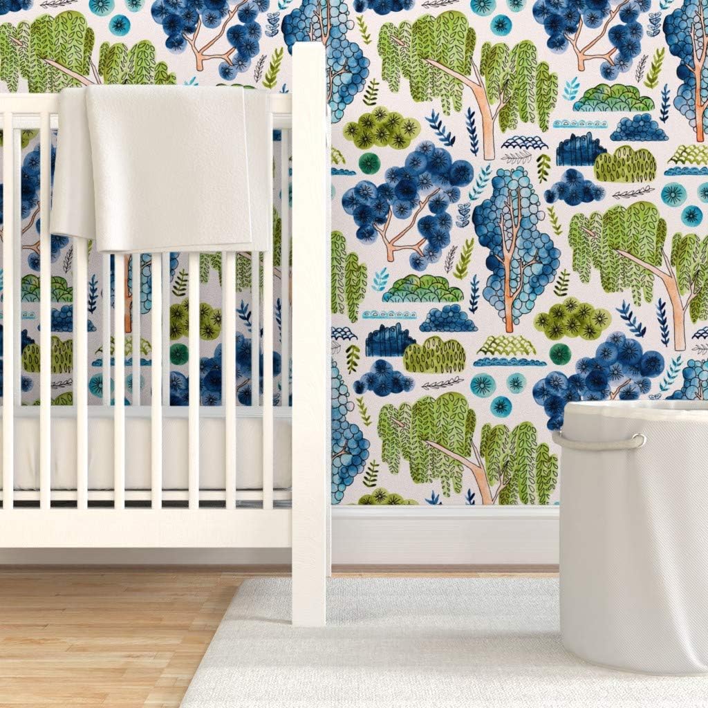Removable Wallpaper 9ft x 2ft - Cute Watercolor Chinoiserie Garden Green Blue Nature Trees Asian Style Custom Pre-Pasted Wallpaper by Spoonflower