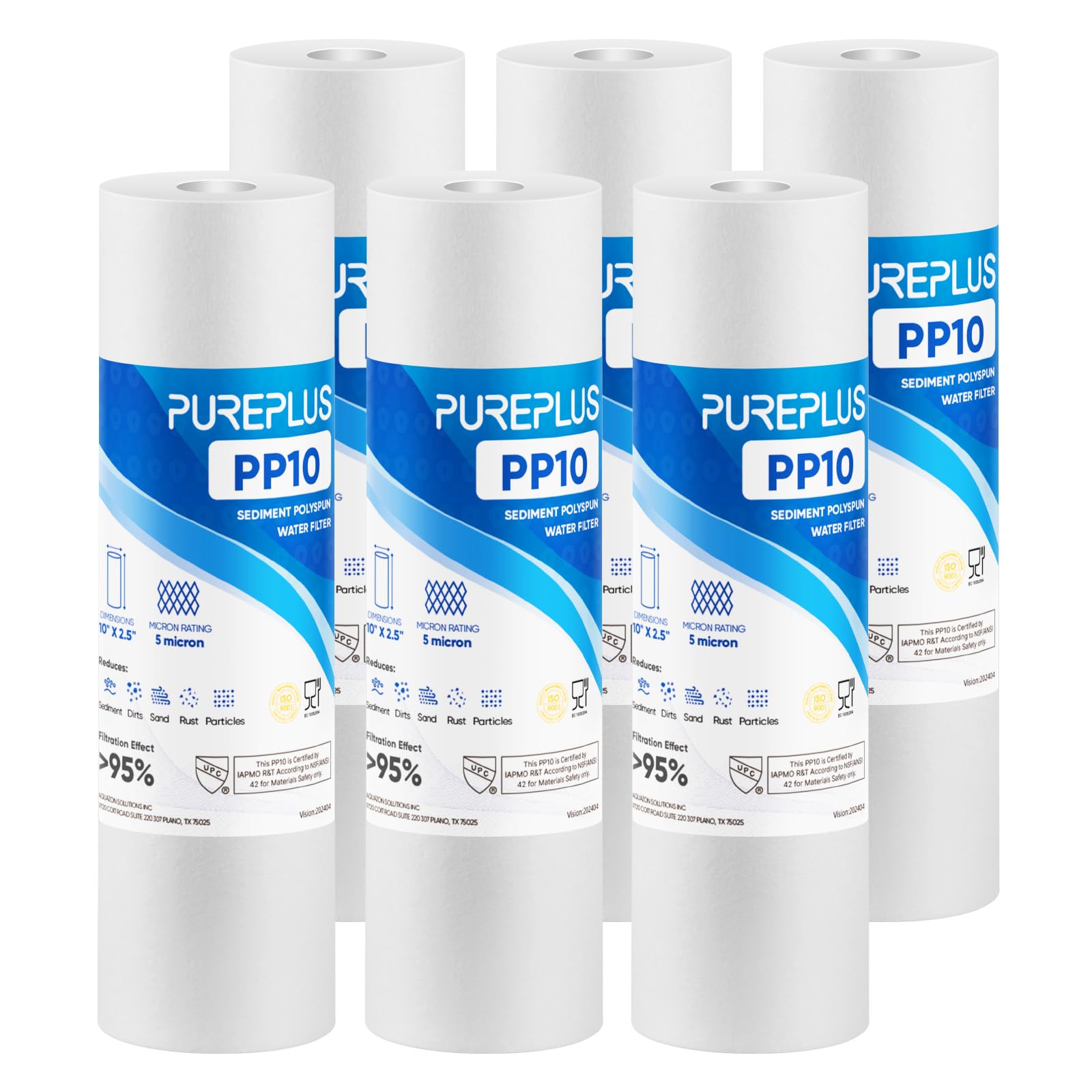 PUREPLUS Lot de 6 cartouches de filtre à sédiments pour toute la maison - 5 microns - 25,4 x 6,3 cm - Pour toute unité RO de 25,4 cm, Culligan P5, Aqua-Pure AP110, Dupont WFPFC5002, CFS10, WHKF-G05