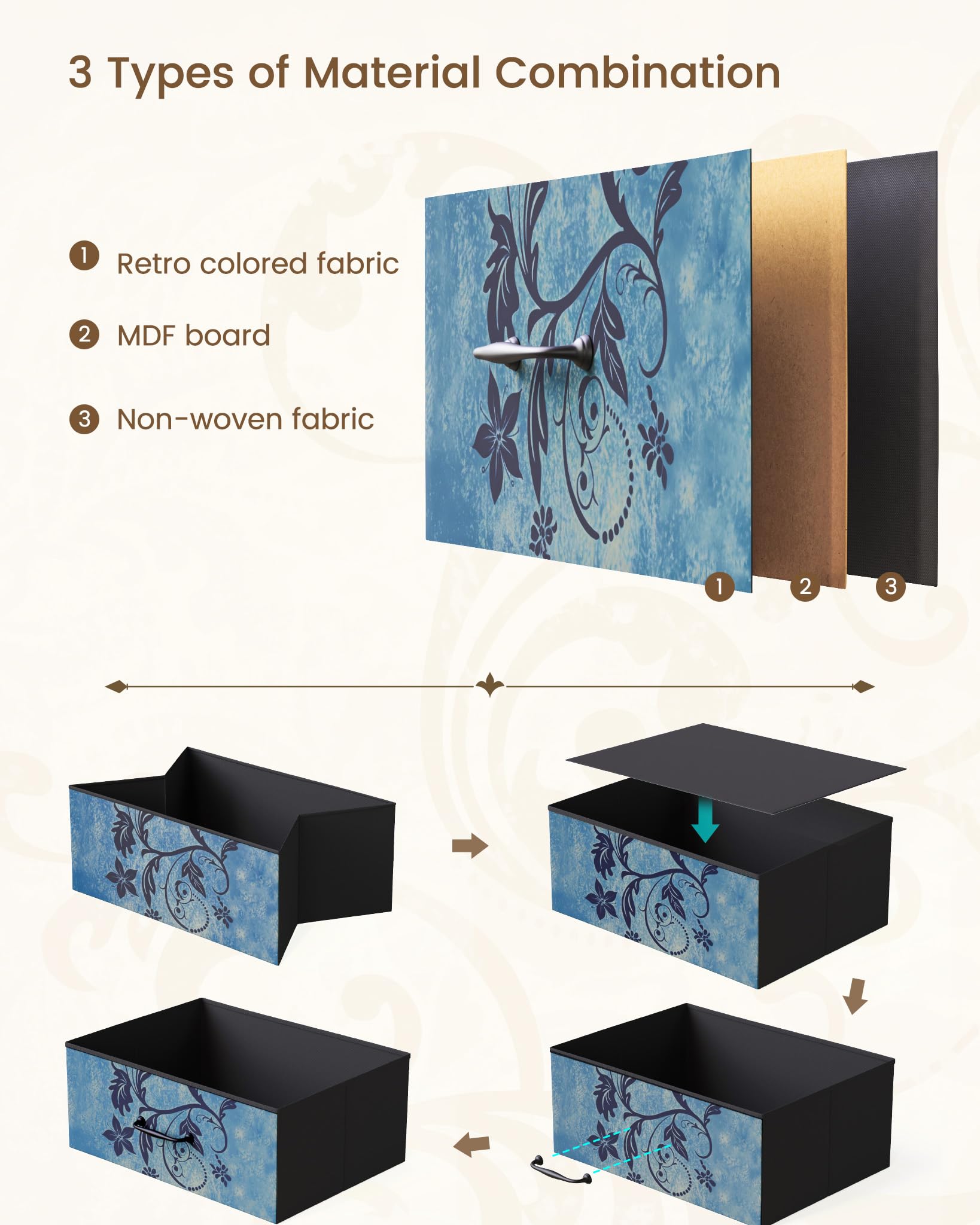 Mondeer Kommode mit 7 Schubladen, Schubladenschrank aus Vintage-Blumenmotiv Stoff Metallrahmen Rustikales, für Wohnzimmer Schlafzimmer Flur, 30 x 99 x 84 cm, Vintagebraun